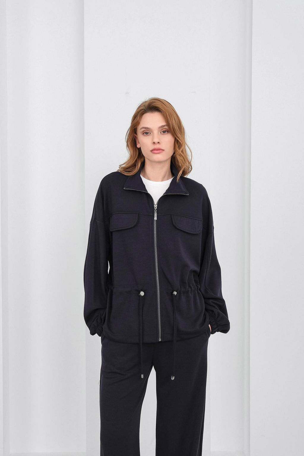 Koyu Lacivert Kadın Boydan Fermuarlı Dik Yakalı Premium Modal Alt-Üst Takım