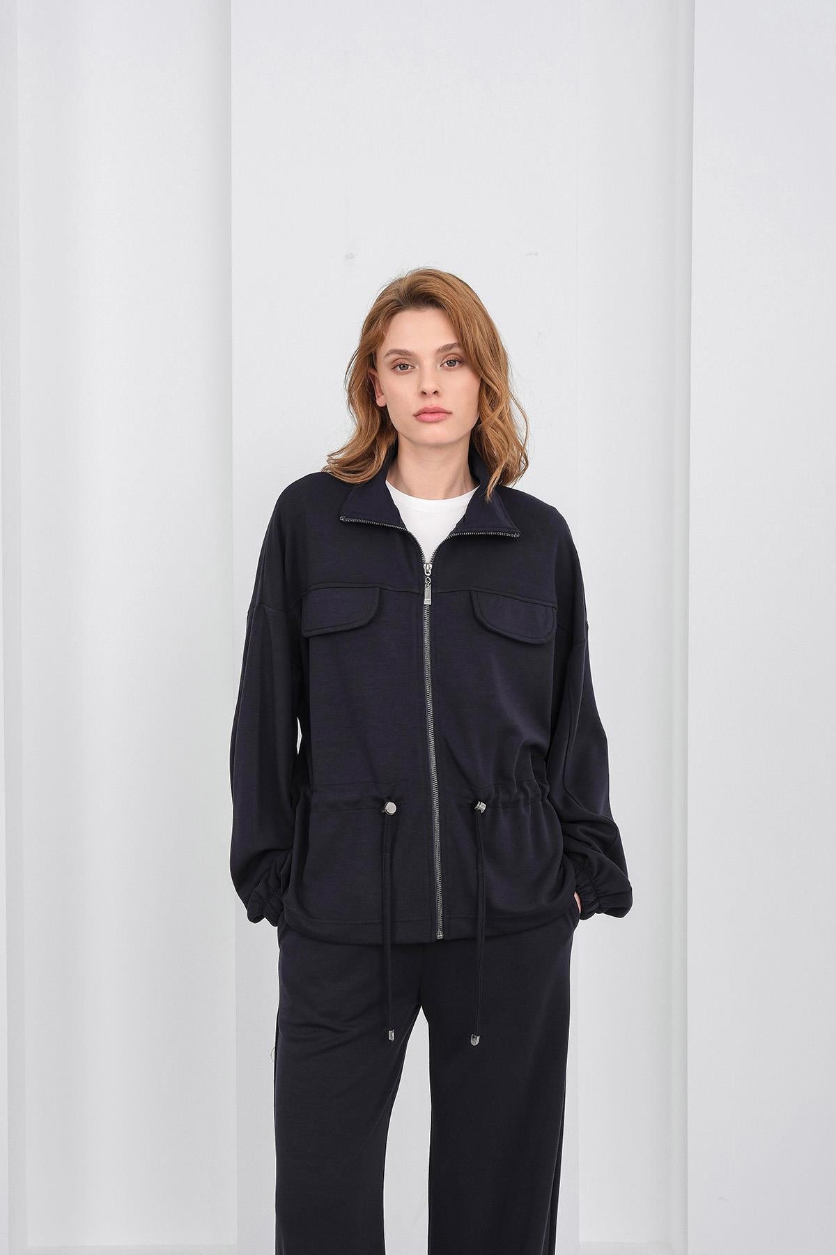 Koyu Lacivert Kadın Boydan Fermuarlı Dik Yakalı Premium Modal Alt-Üst Takım