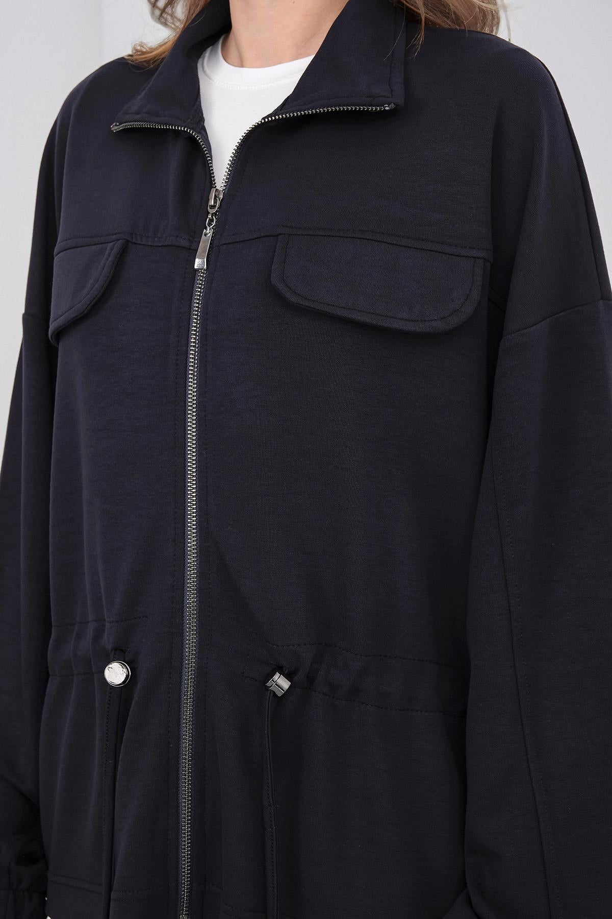 Koyu Lacivert Kadın Boydan Fermuarlı Dik Yakalı Premium Modal Alt-Üst Takım