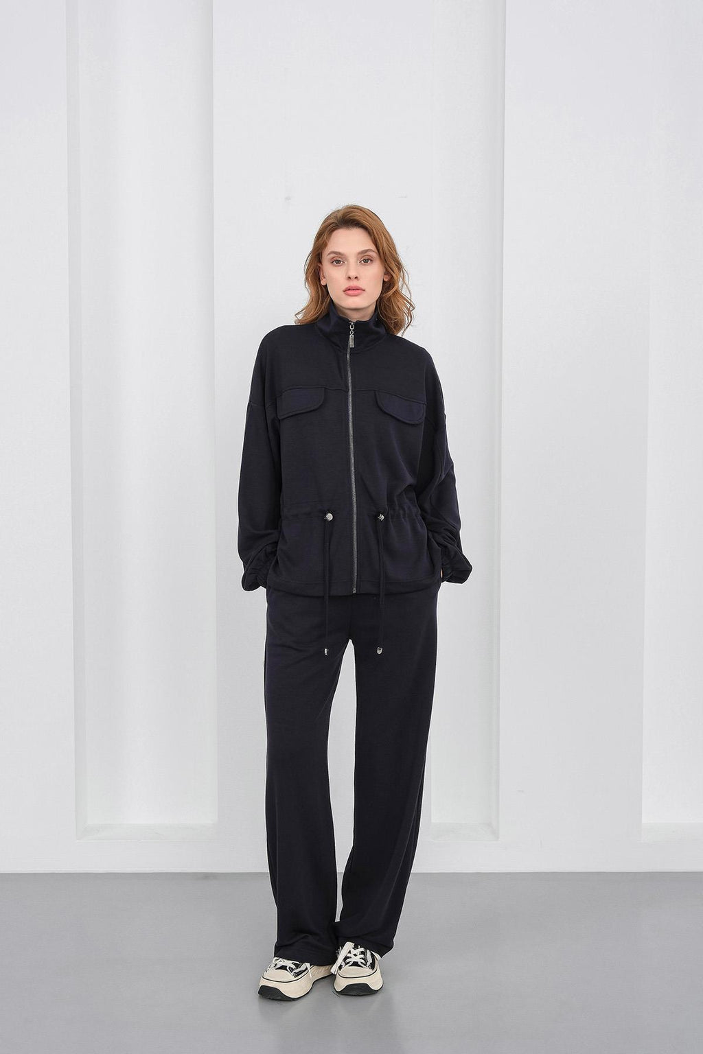 Koyu Lacivert Kadın Boydan Fermuarlı Dik Yakalı Premium Modal Alt-Üst Takım