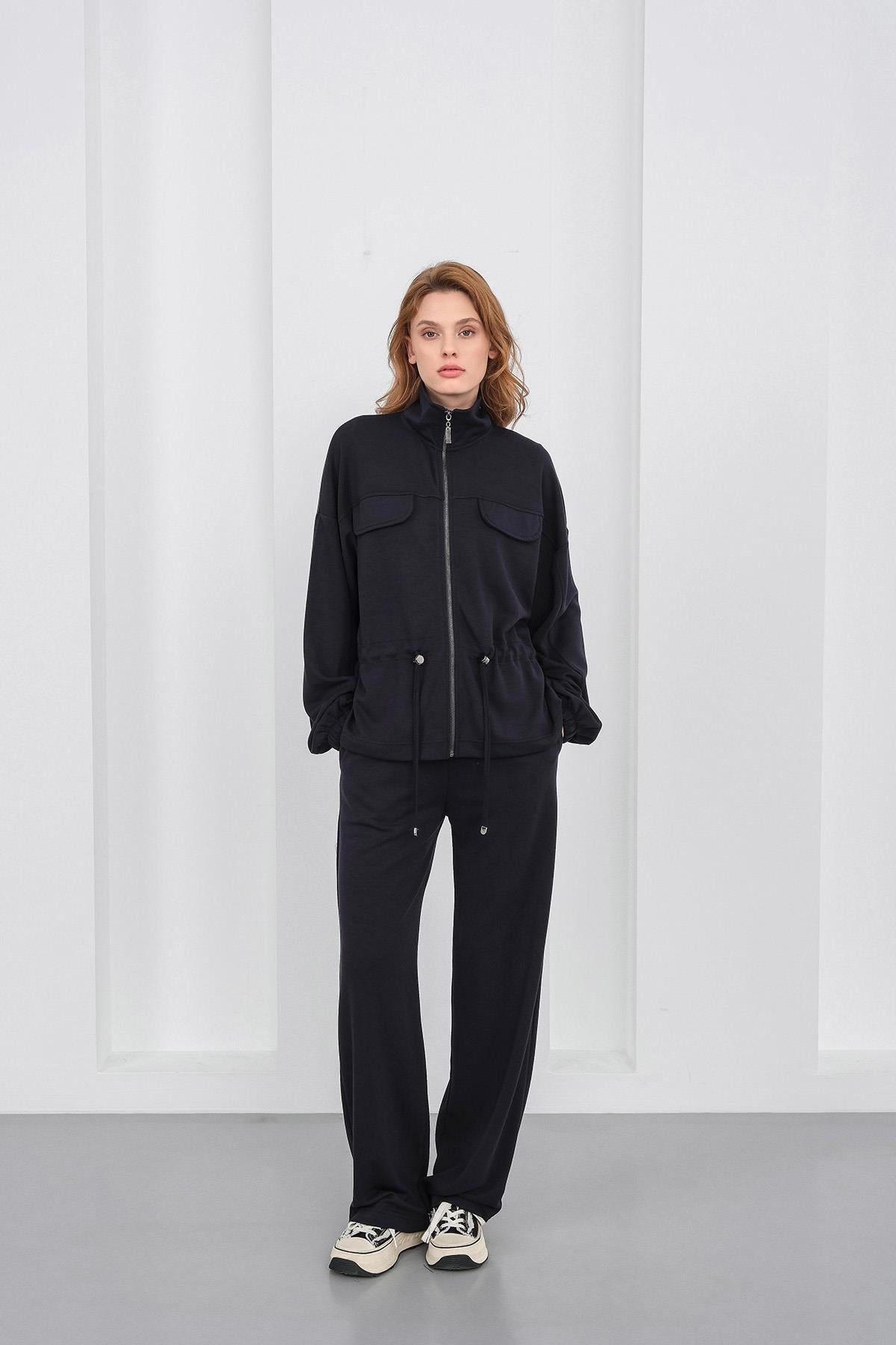 Koyu Lacivert Kadın Boydan Fermuarlı Dik Yakalı Premium Modal Alt-Üst Takım