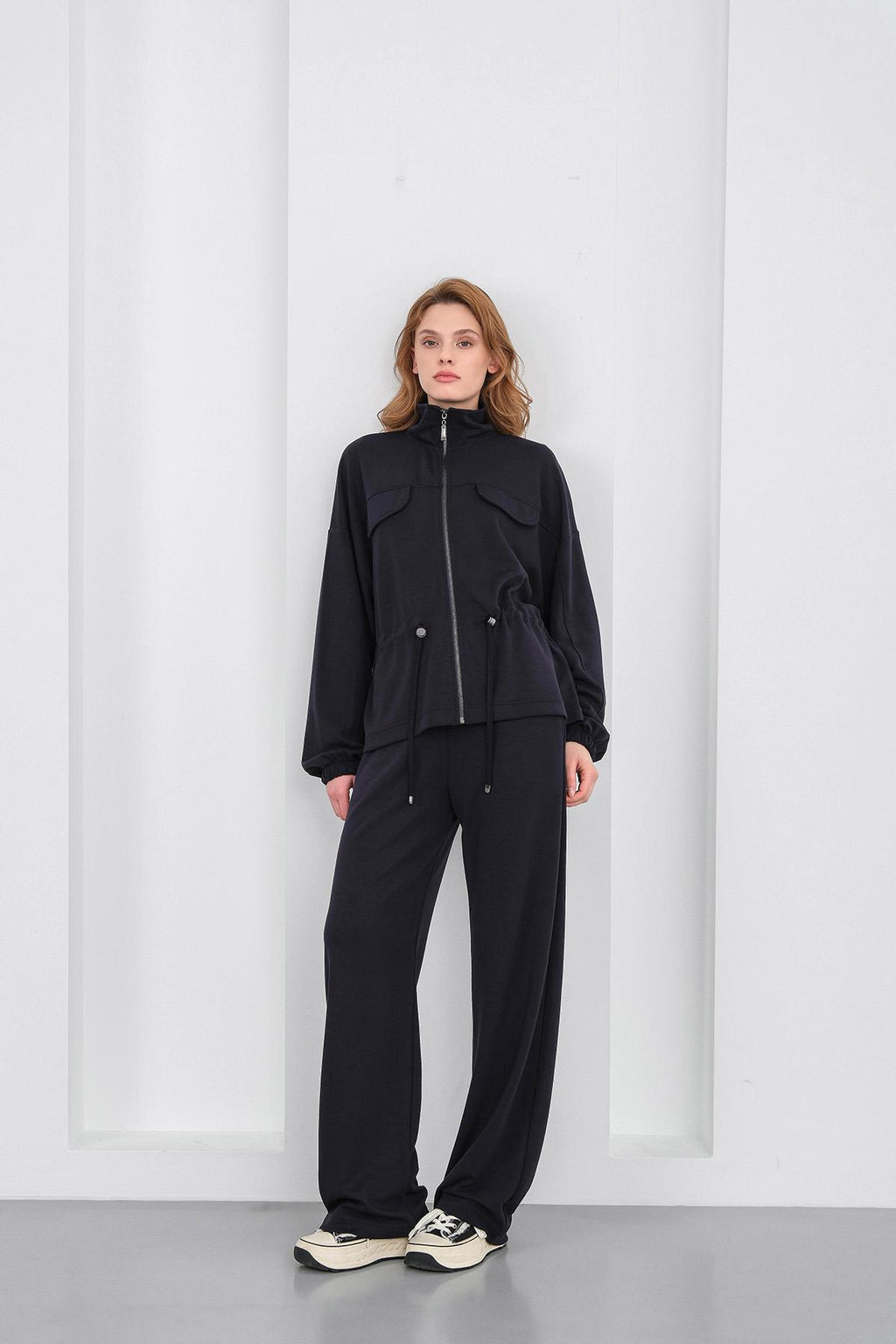 Koyu Lacivert Kadın Boydan Fermuarlı Dik Yakalı Premium Modal Alt-Üst Takım