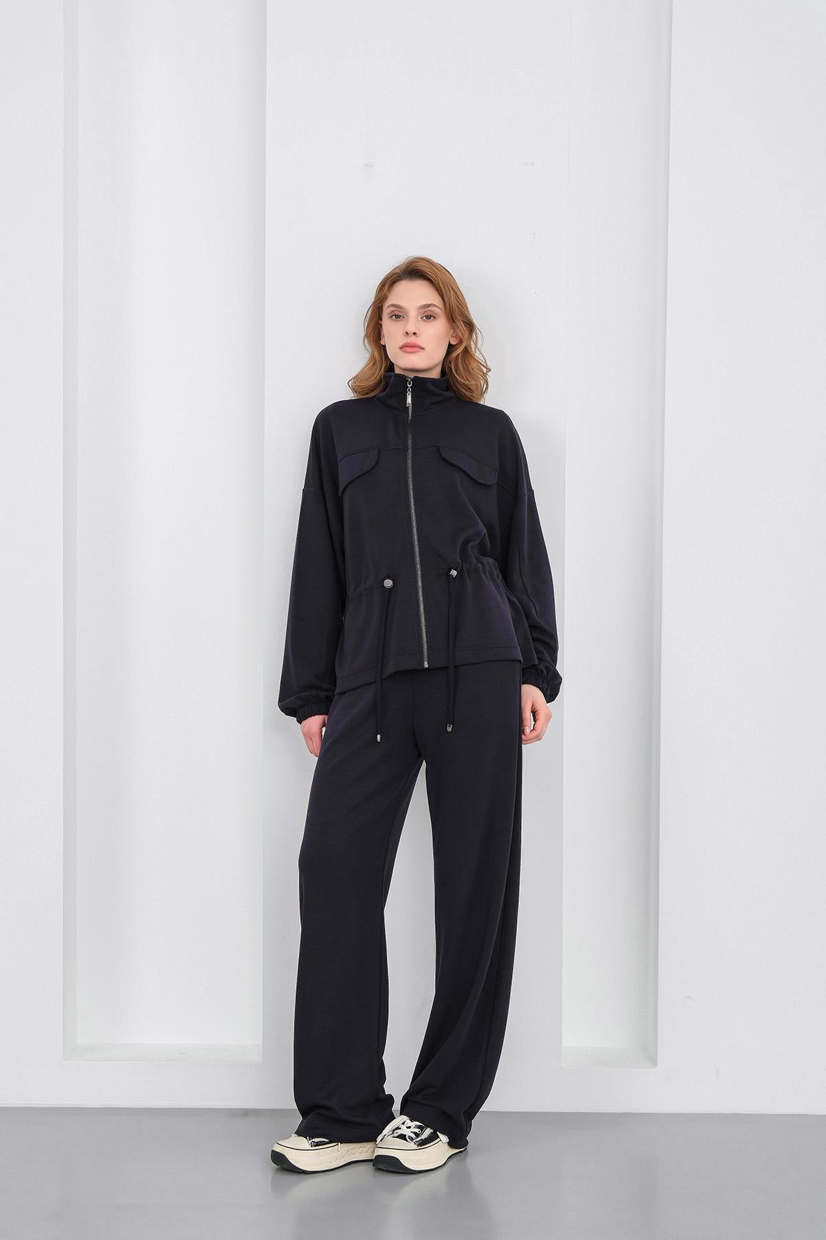 Koyu Lacivert Kadın Boydan Fermuarlı Dik Yakalı Premium Modal Alt-Üst Takım