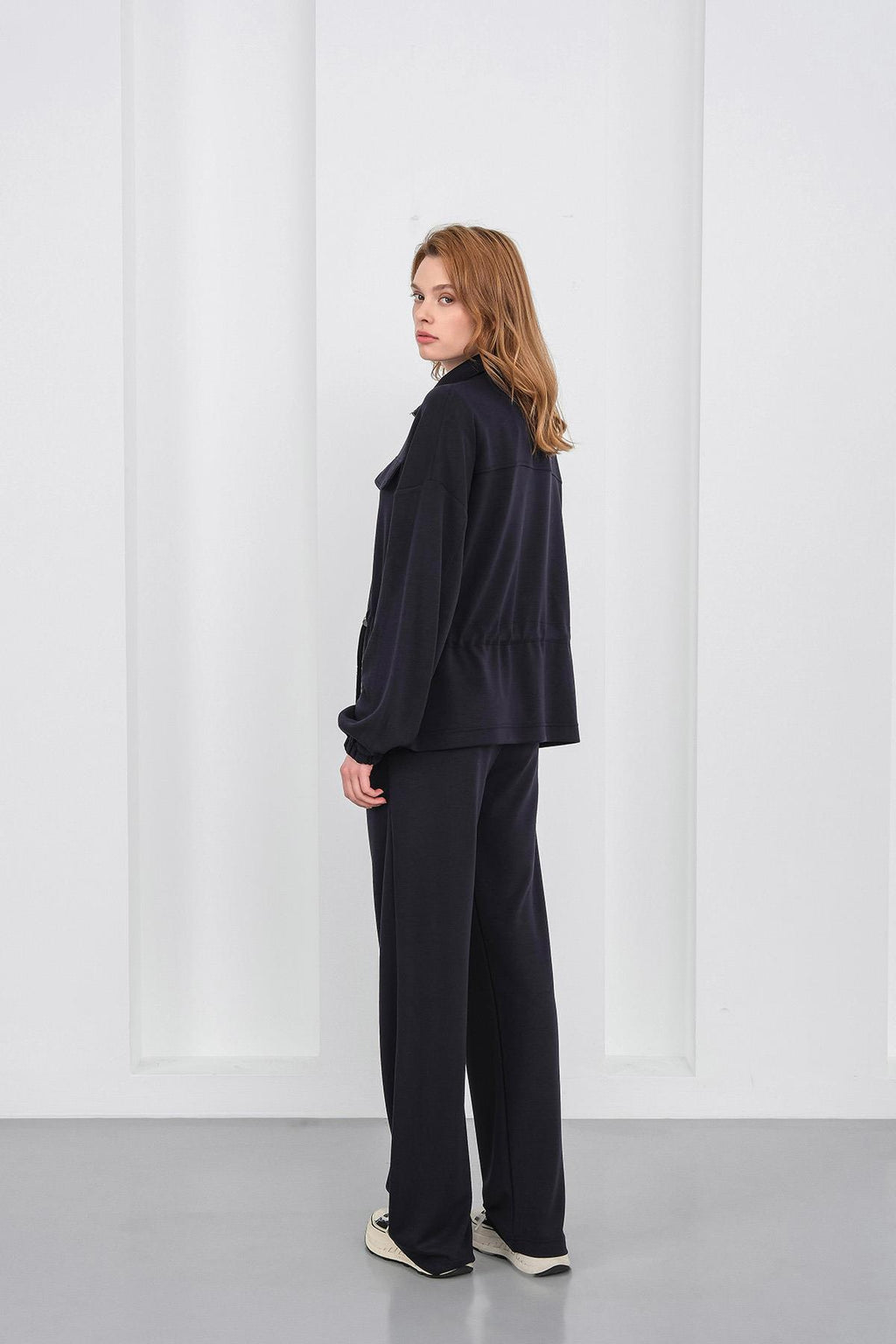 Koyu Lacivert Kadın Boydan Fermuarlı Dik Yakalı Premium Modal Alt-Üst Takım