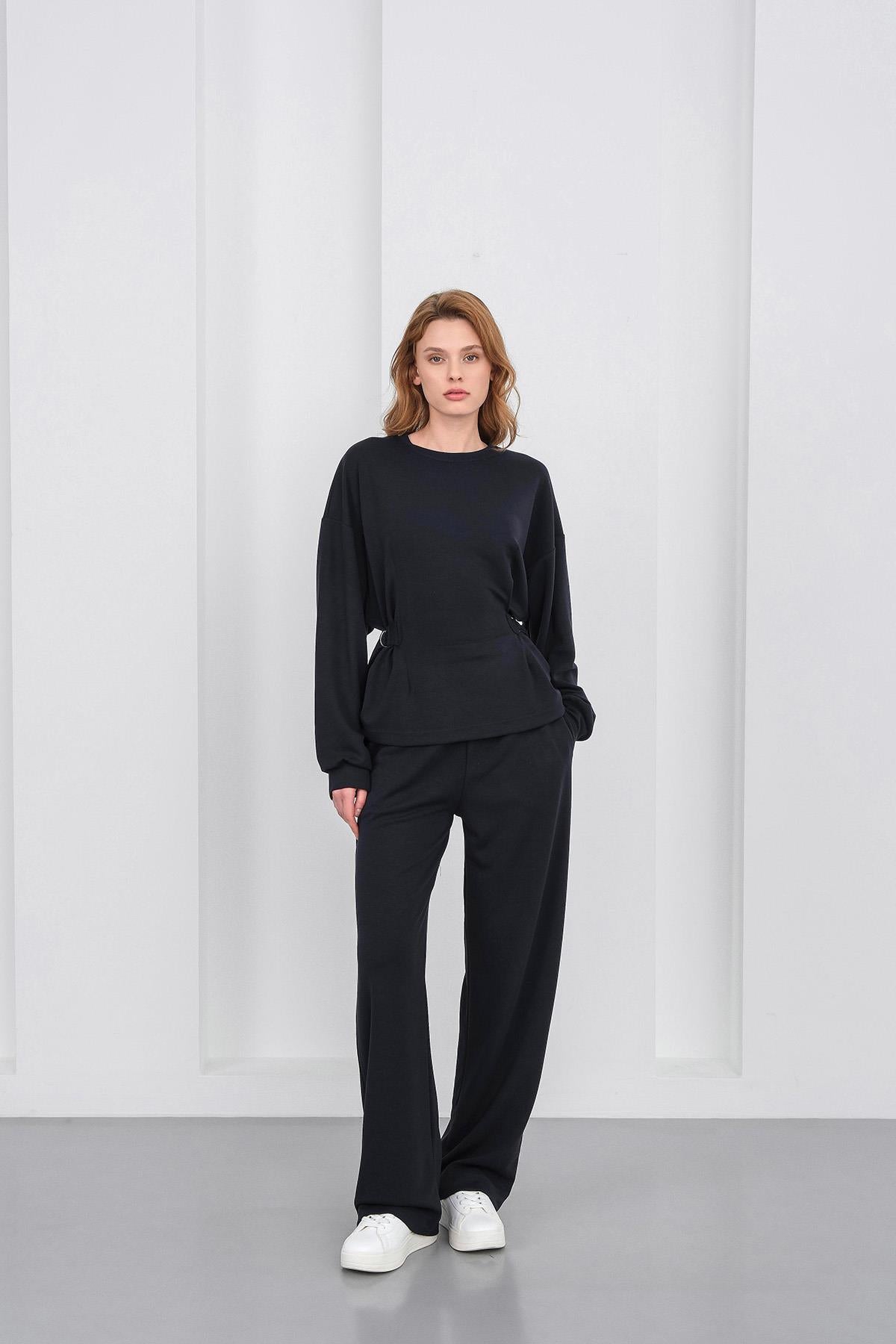 Koyu Lacivert Kadın Premium Modal D Toka Süs Kemerli Alt-Üst Takım