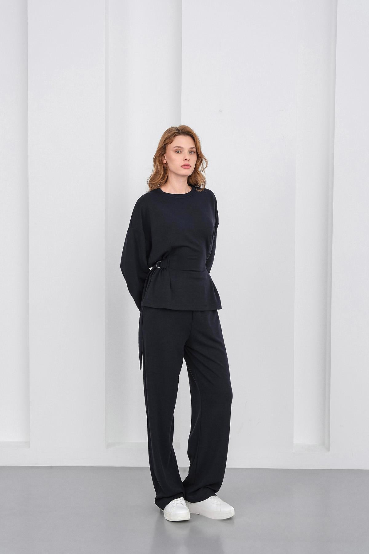 Koyu Lacivert Kadın Premium Modal D Toka Süs Kemerli Alt-Üst Takım