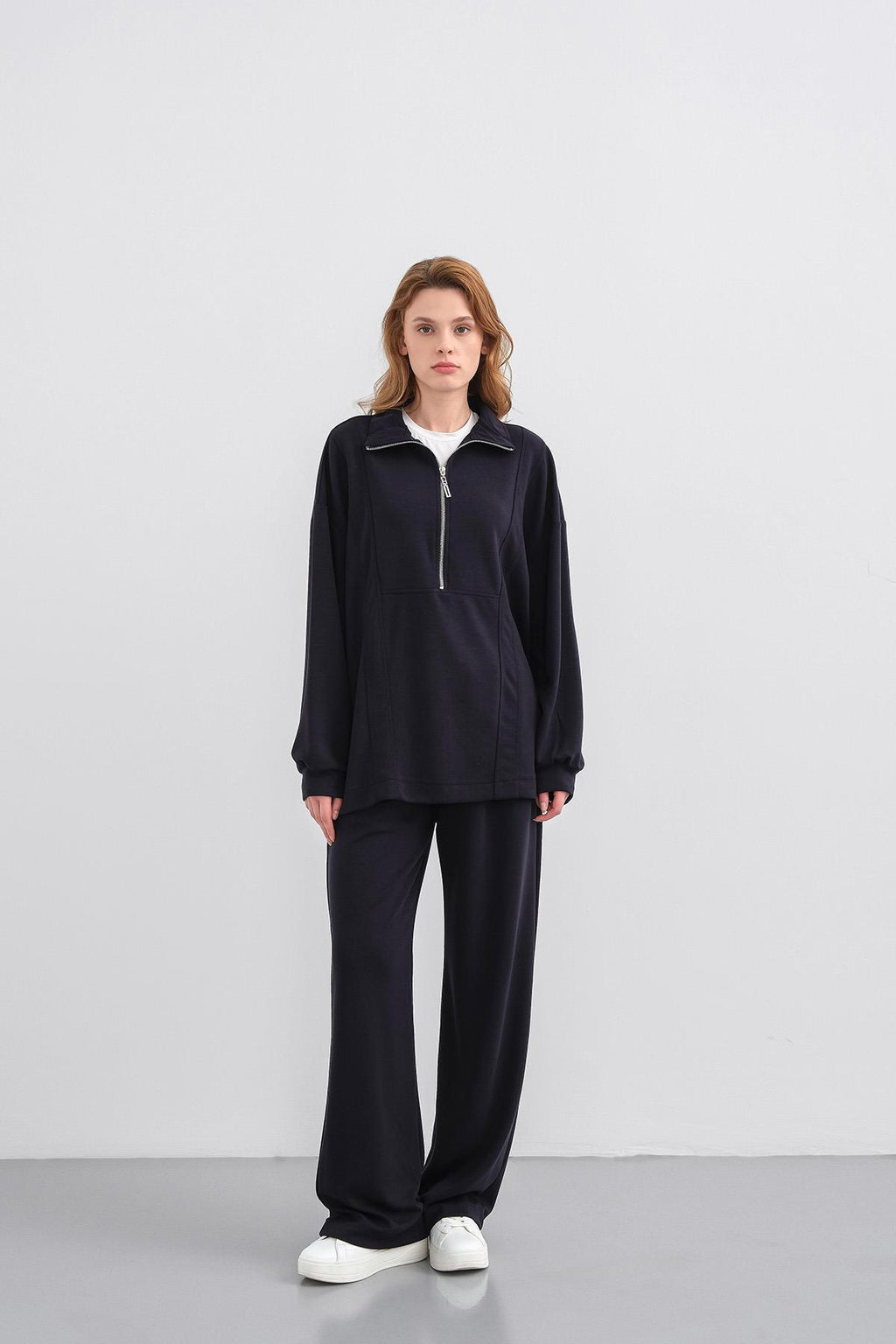 Koyu Lacivert Kadın Premium Modal Kumaş Yarım Fermuarlı Oversize Alt-Üst Takım