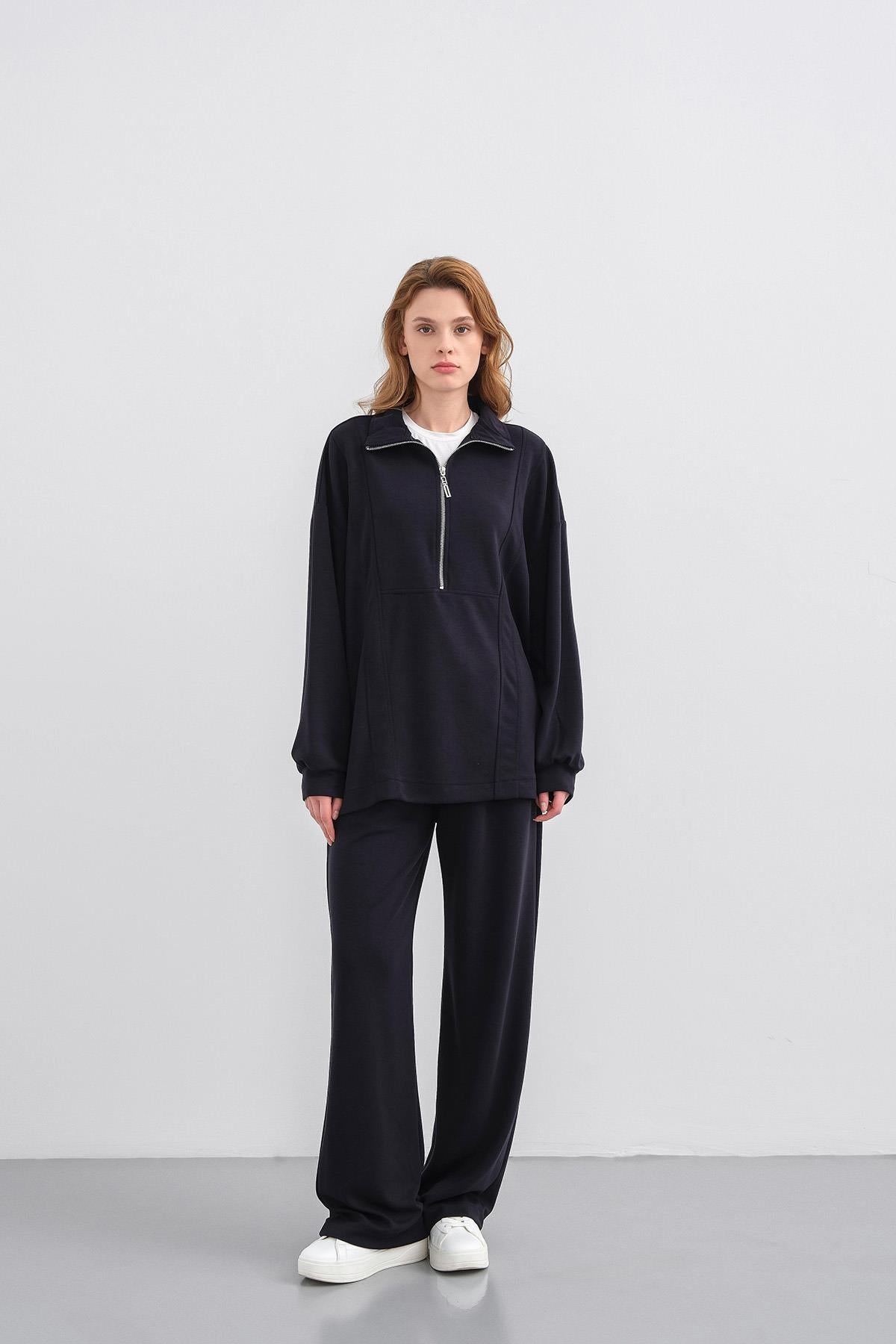 Koyu Lacivert Kadın Premium Modal Kumaş Yarım Fermuarlı Oversize Alt-Üst Takım