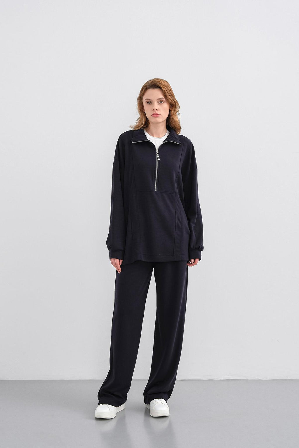 Koyu Lacivert Kadın Premium Modal Kumaş Yarım Fermuarlı Oversize Alt-Üst Takım