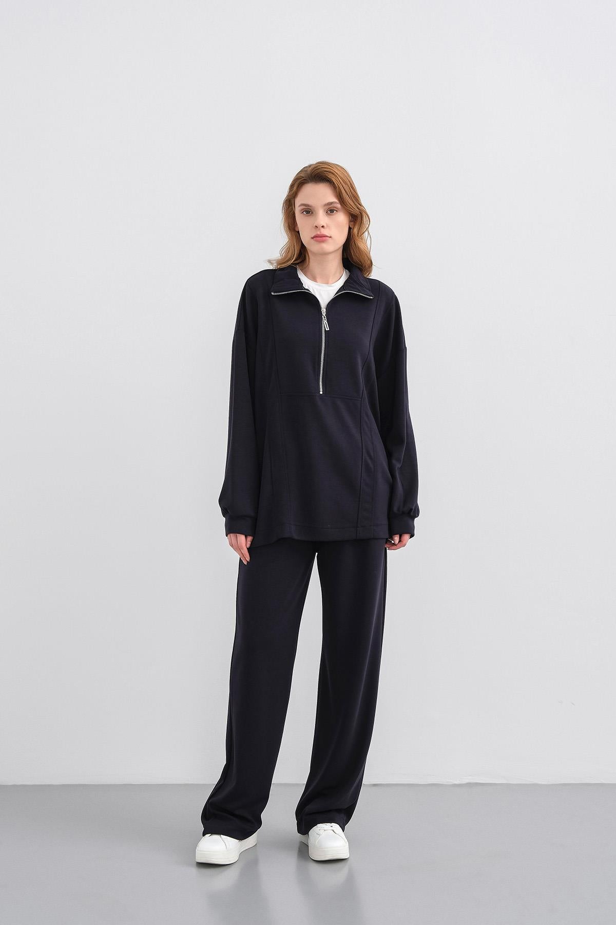 Koyu Lacivert Kadın Premium Modal Kumaş Yarım Fermuarlı Oversize Alt-Üst Takım