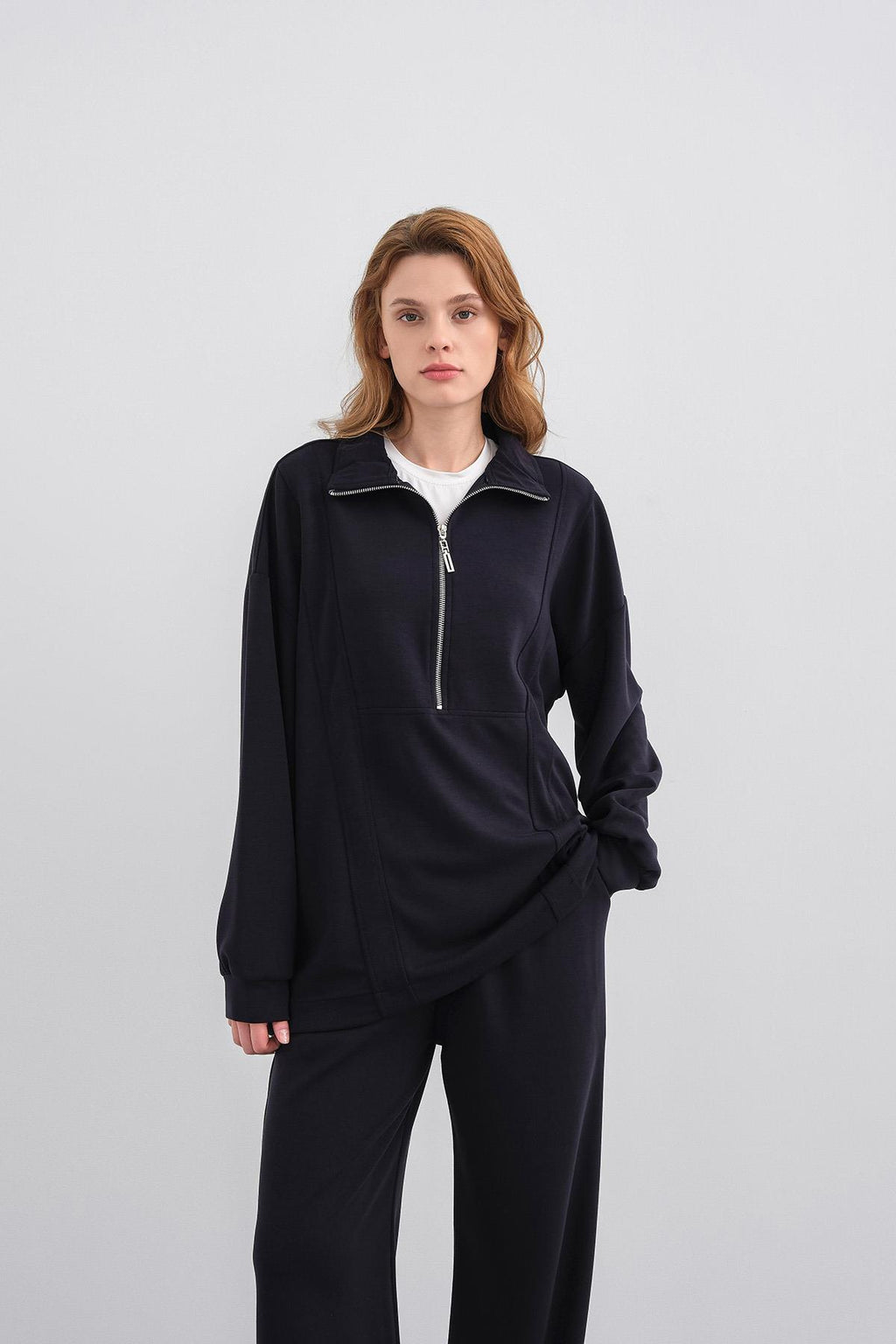 Koyu Lacivert Kadın Premium Modal Kumaş Yarım Fermuarlı Oversize Alt-Üst Takım