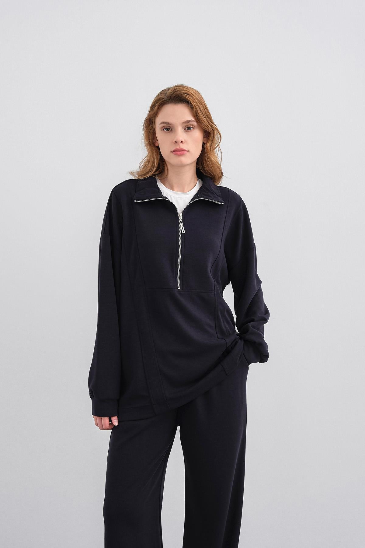 Koyu Lacivert Kadın Premium Modal Kumaş Yarım Fermuarlı Oversize Alt-Üst Takım