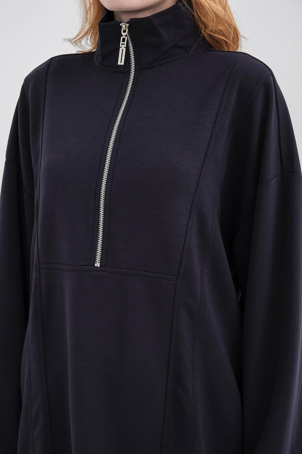 Koyu Lacivert Kadın Premium Modal Kumaş Yarım Fermuarlı Oversize Alt-Üst Takım