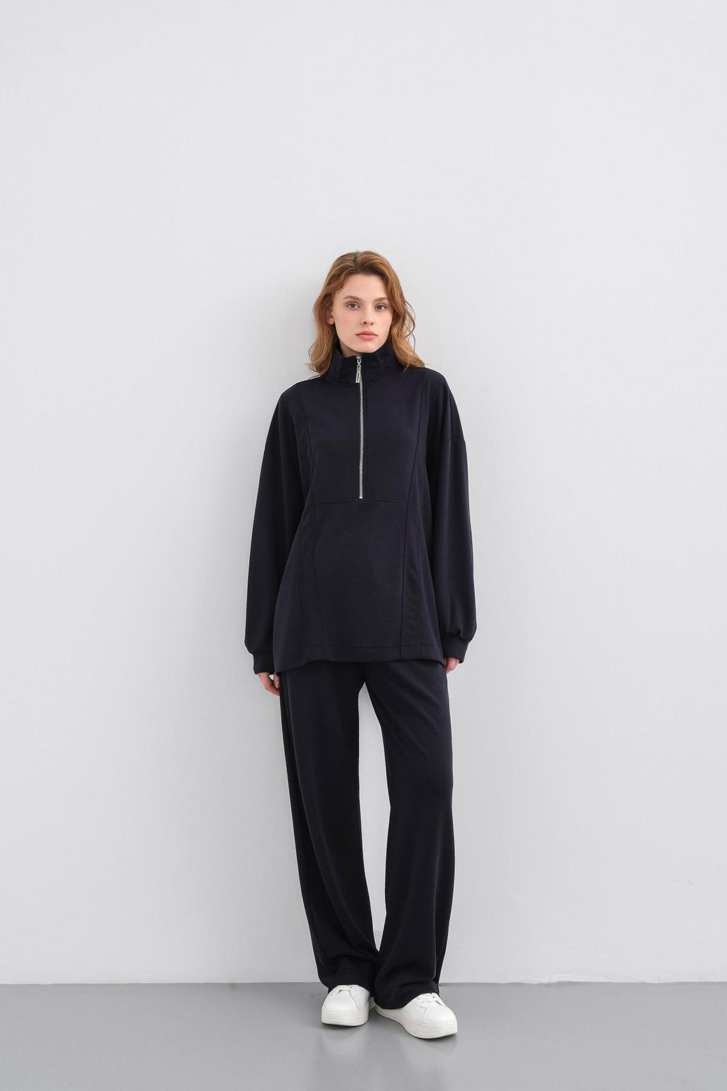 Koyu Lacivert Kadın Premium Modal Kumaş Yarım Fermuarlı Oversize Alt-Üst Takım