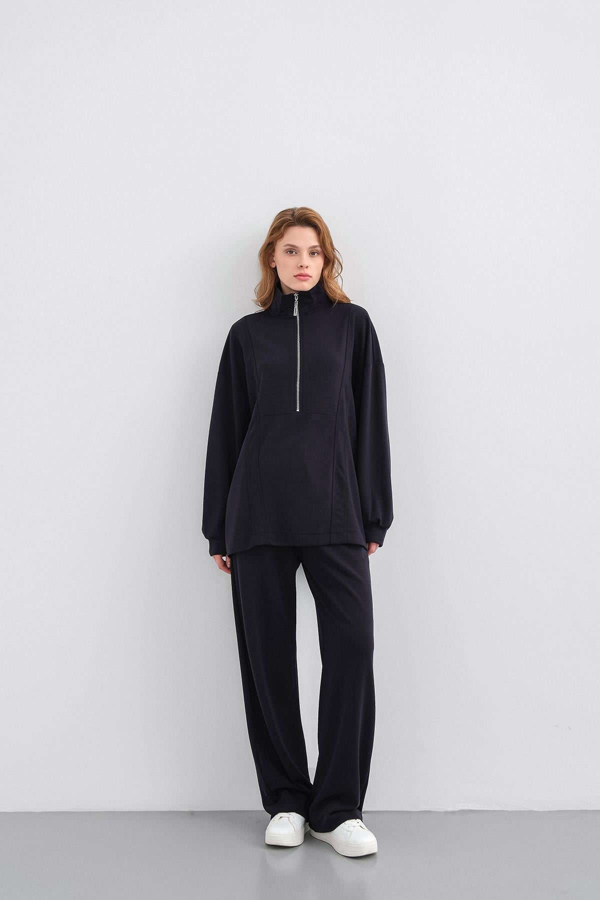 Koyu Lacivert Kadın Premium Modal Kumaş Yarım Fermuarlı Oversize Alt-Üst Takım