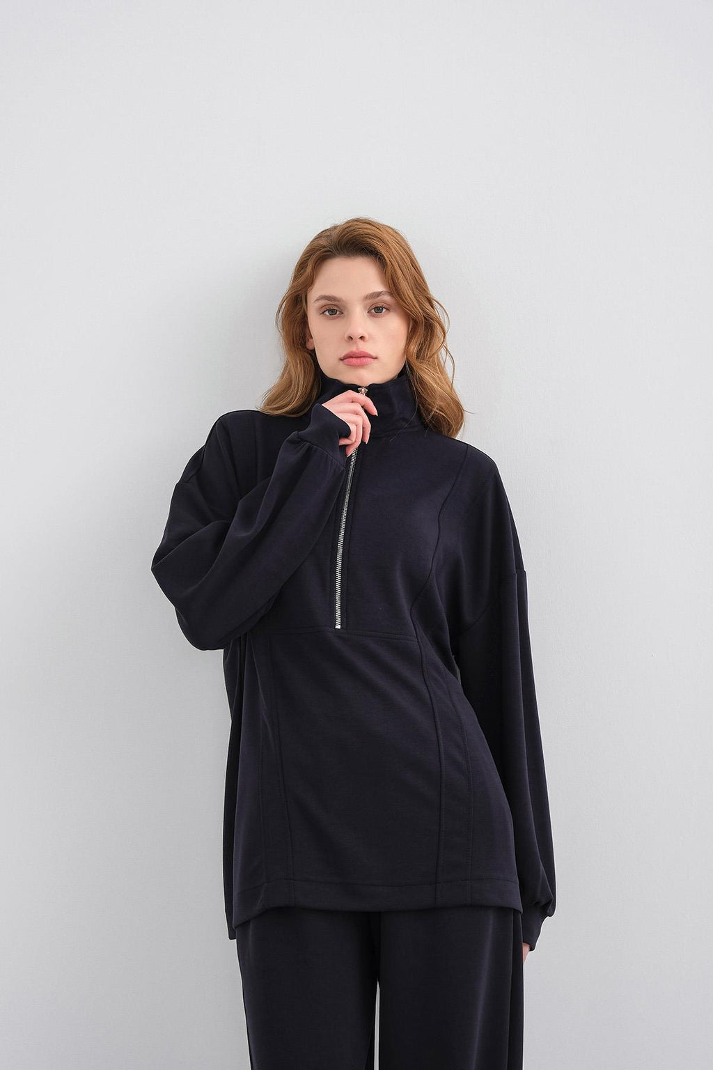 Koyu Lacivert Kadın Premium Modal Kumaş Yarım Fermuarlı Oversize Alt-Üst Takım