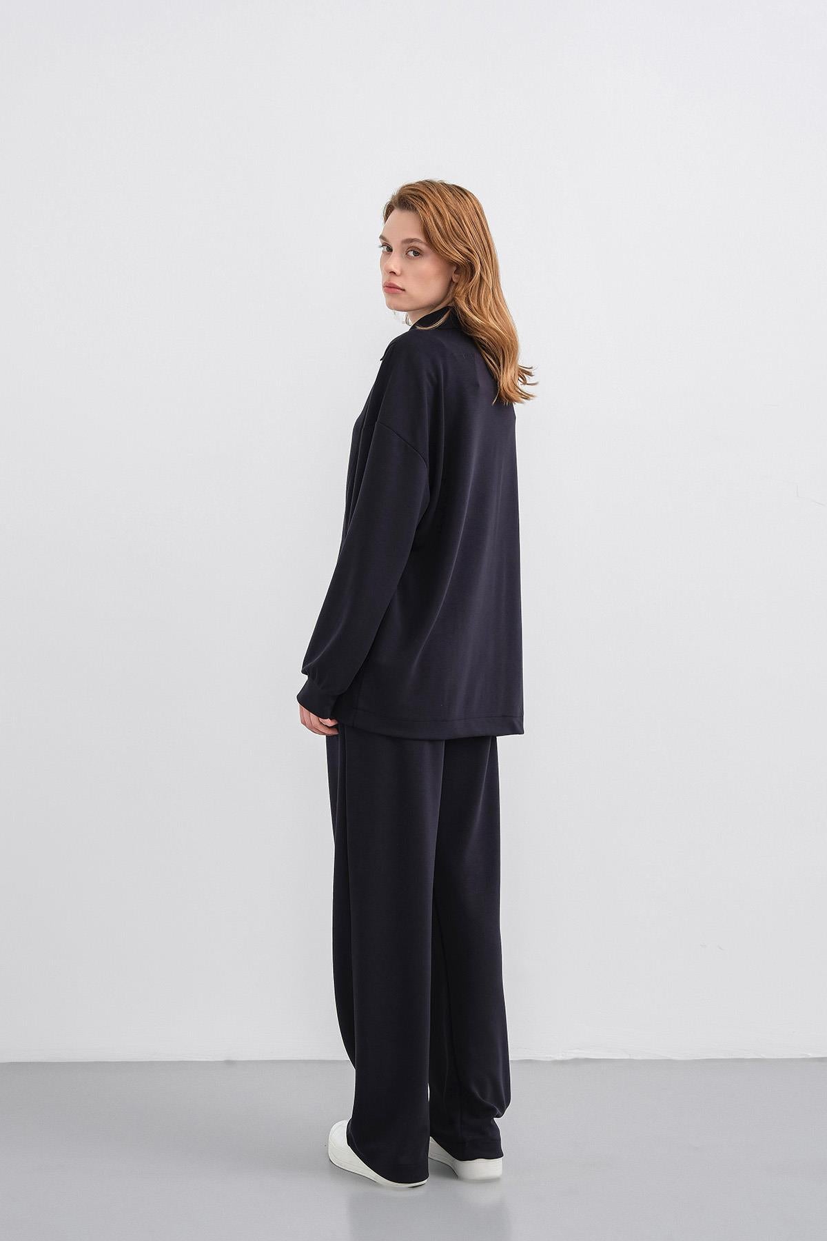 Koyu Lacivert Kadın Premium Modal Kumaş Yarım Fermuarlı Oversize Alt-Üst Takım