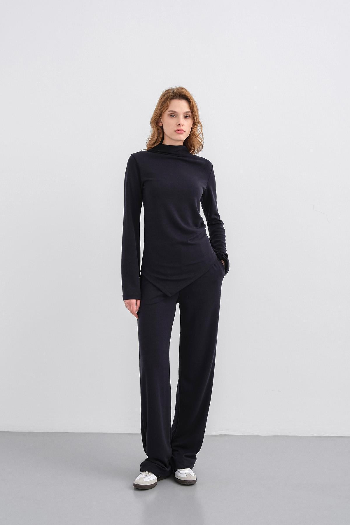 Koyu Lacivert Kadın Yumuşak Dokulu Premium Modal  Balıkçı Yaka Asimetrik Kesim Alt-Üst Takım