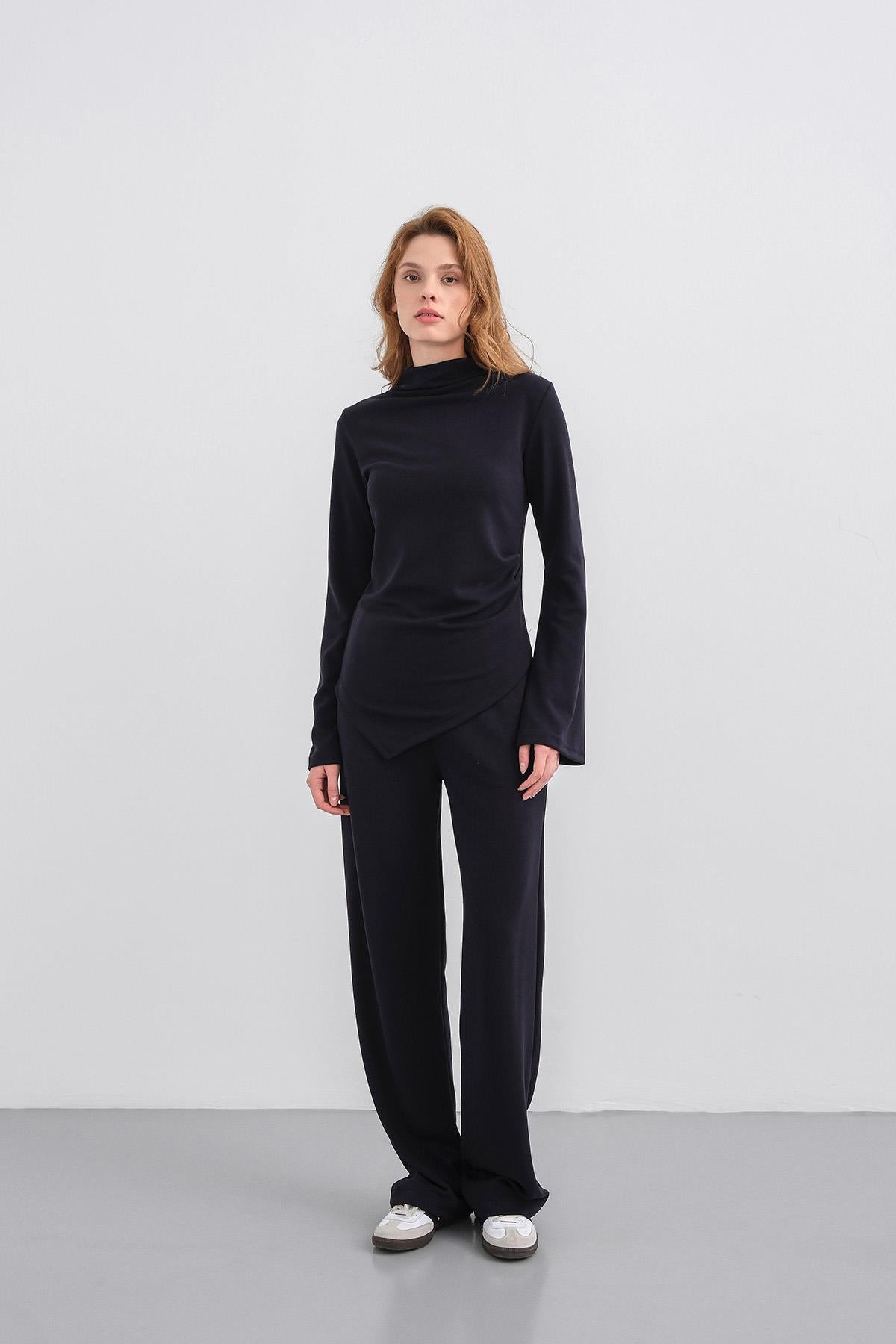Koyu Lacivert Kadın Yumuşak Dokulu Premium Modal  Balıkçı Yaka Asimetrik Kesim Alt-Üst Takım