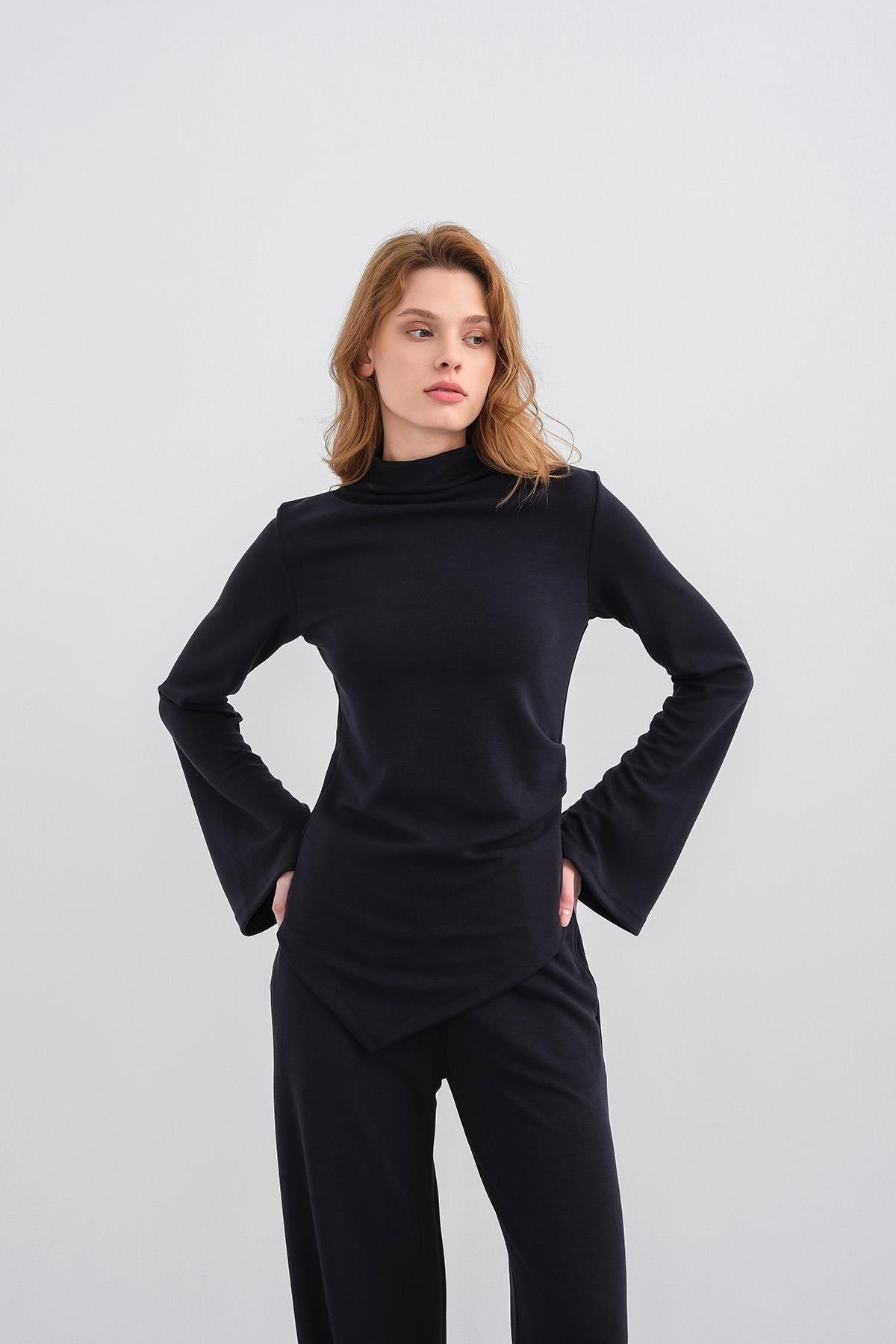 Koyu Lacivert Kadın Yumuşak Dokulu Premium Modal  Balıkçı Yaka Asimetrik Kesim Alt-Üst Takım