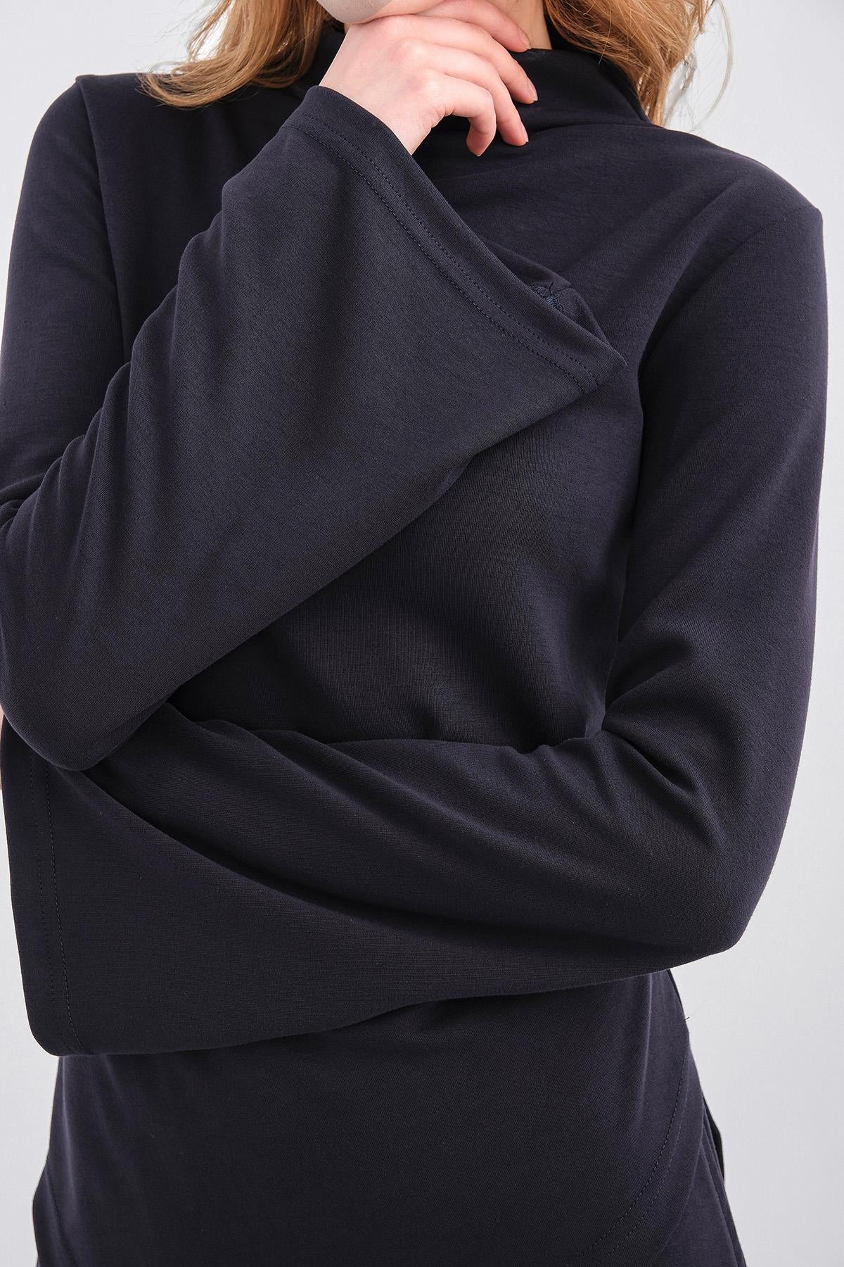 Koyu Lacivert Kadın Yumuşak Dokulu Premium Modal  Balıkçı Yaka Asimetrik Kesim Alt-Üst Takım