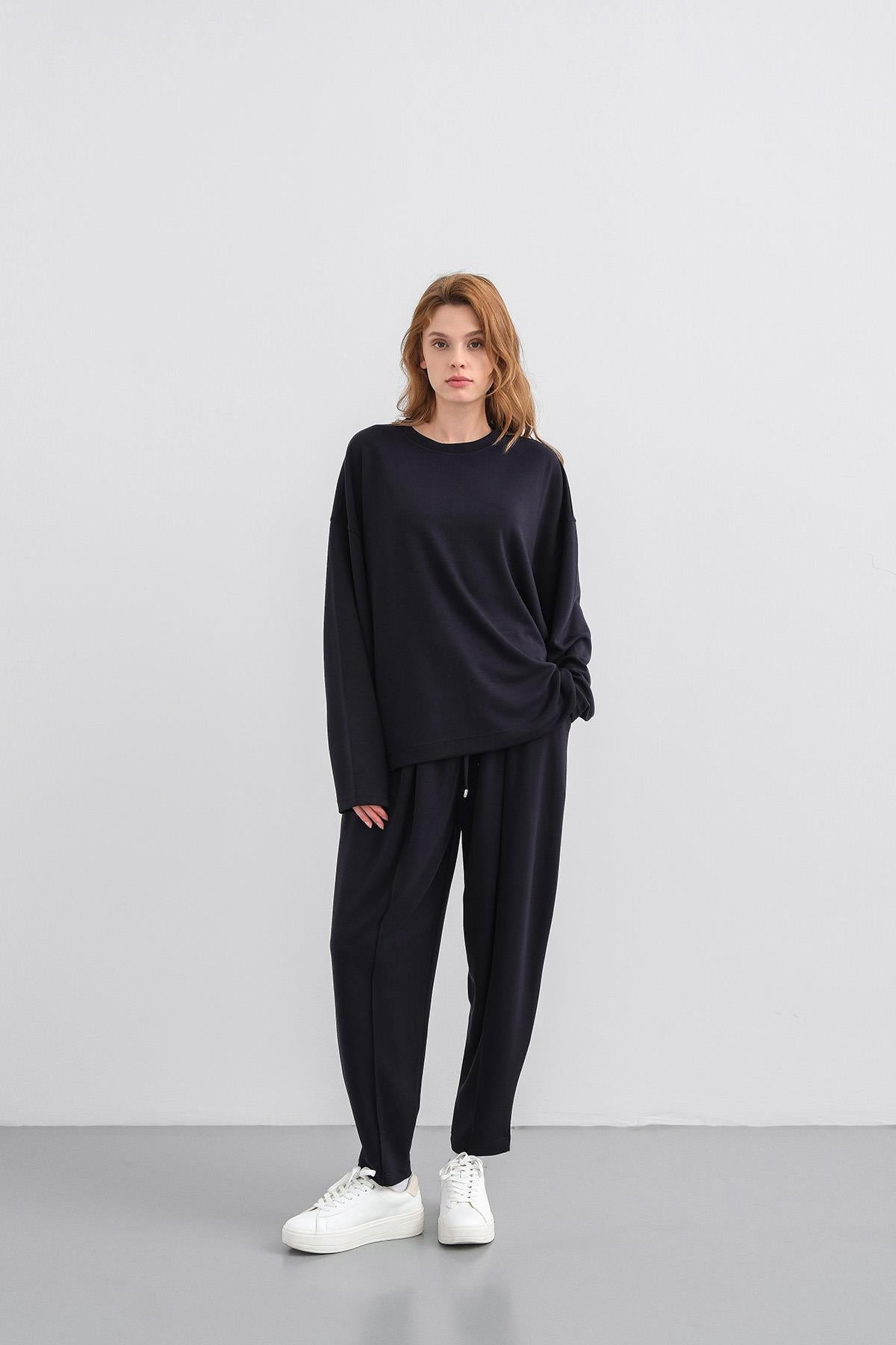 Koyu Lacivert Kadın Yumuşak Dokulu Premium Modal Kumaş Alt-Üst Takım