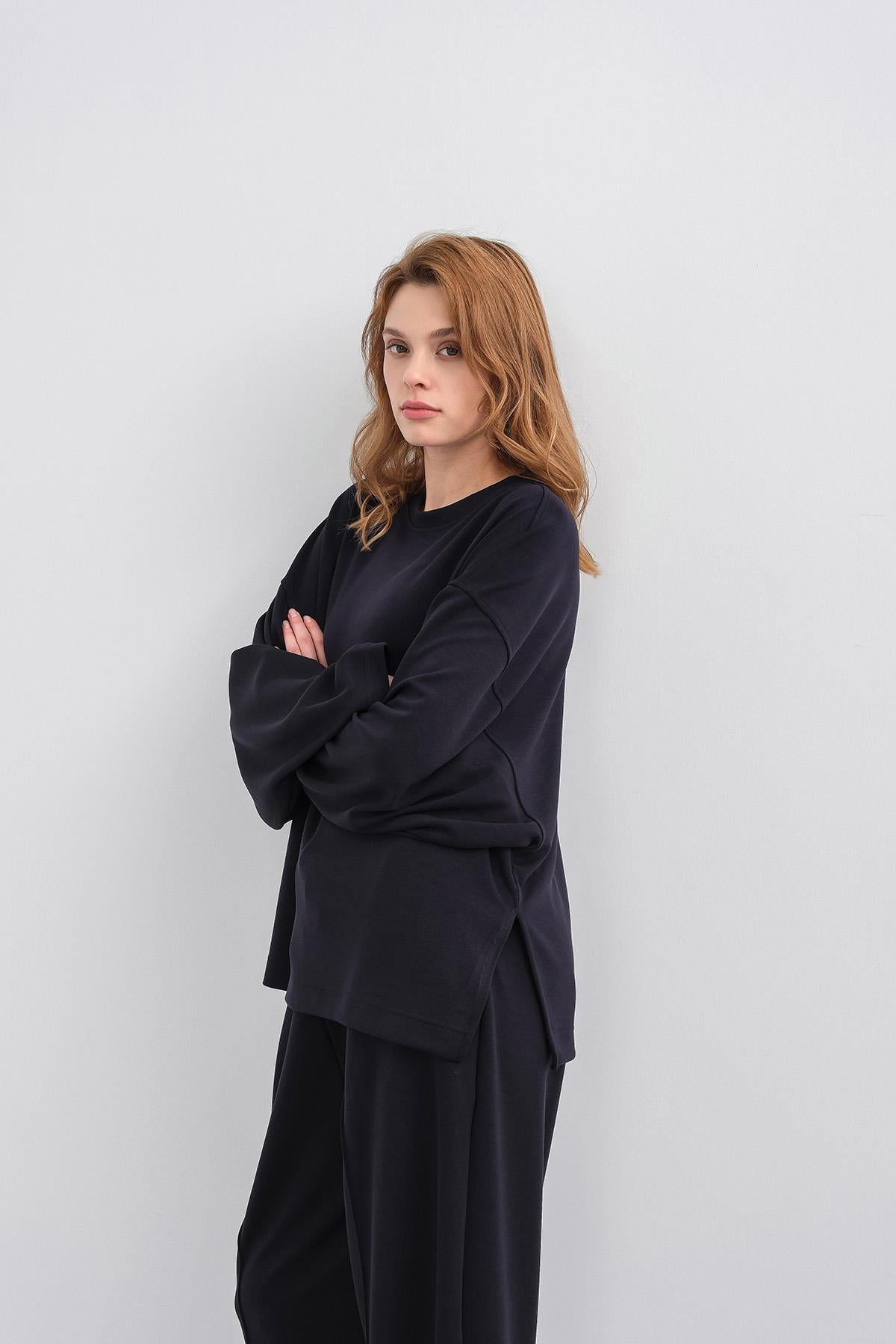 Koyu Lacivert Kadın Yumuşak Dokulu Premium Modal Kumaş Alt-Üst Takım