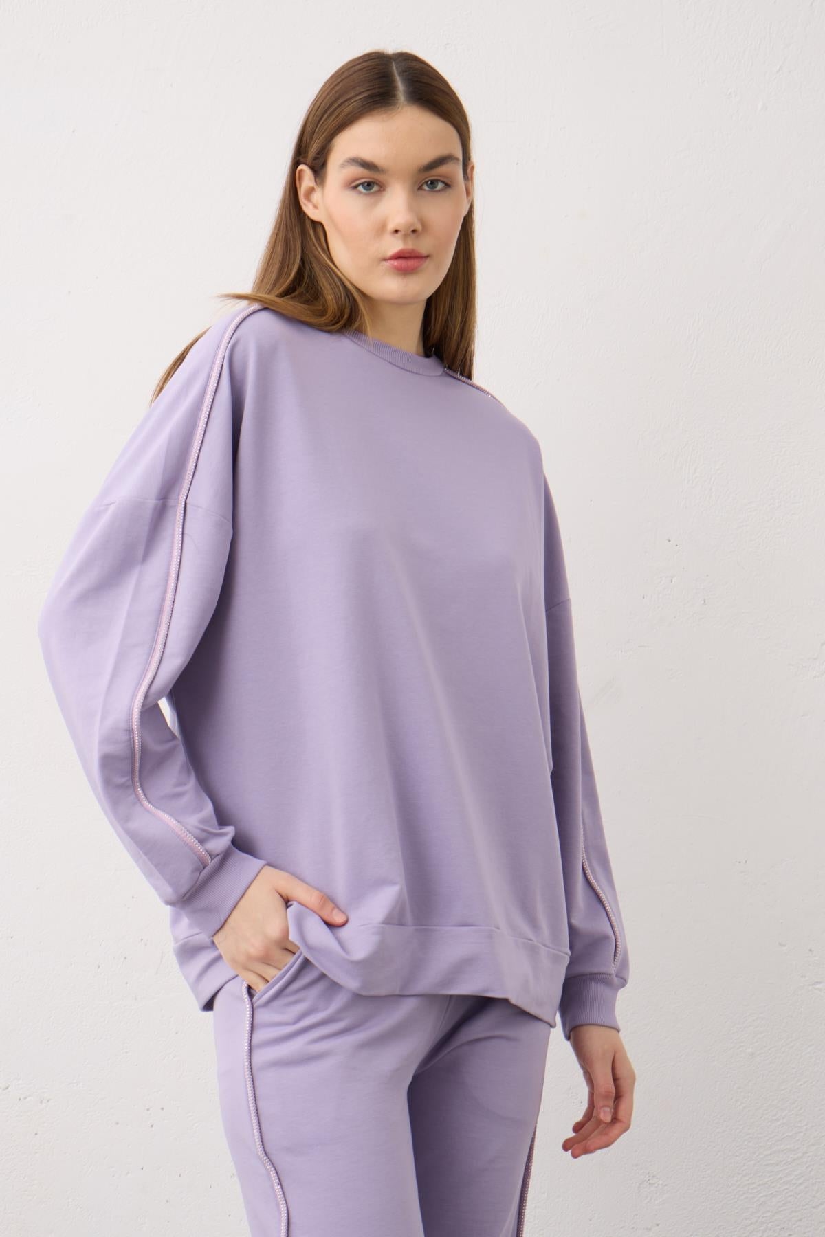 KOYU LİLA Kadın Yan Taşlı Şerit Detaylı Arabiyeli Pamuklu Örme Alt Üst Takım