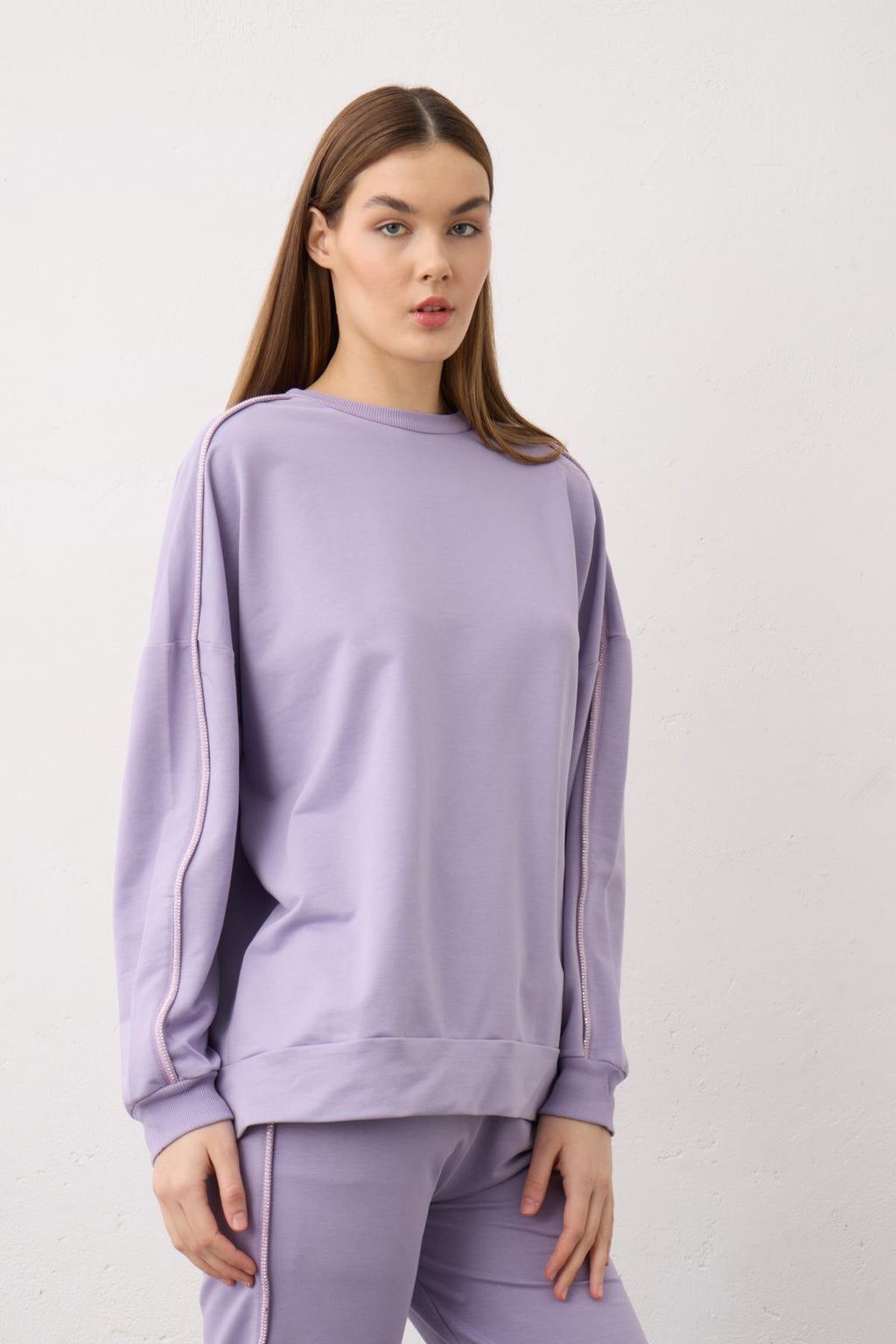 KOYU LİLA Kadın Yan Taşlı Şerit Detaylı Arabiyeli Pamuklu Örme Alt Üst Takım