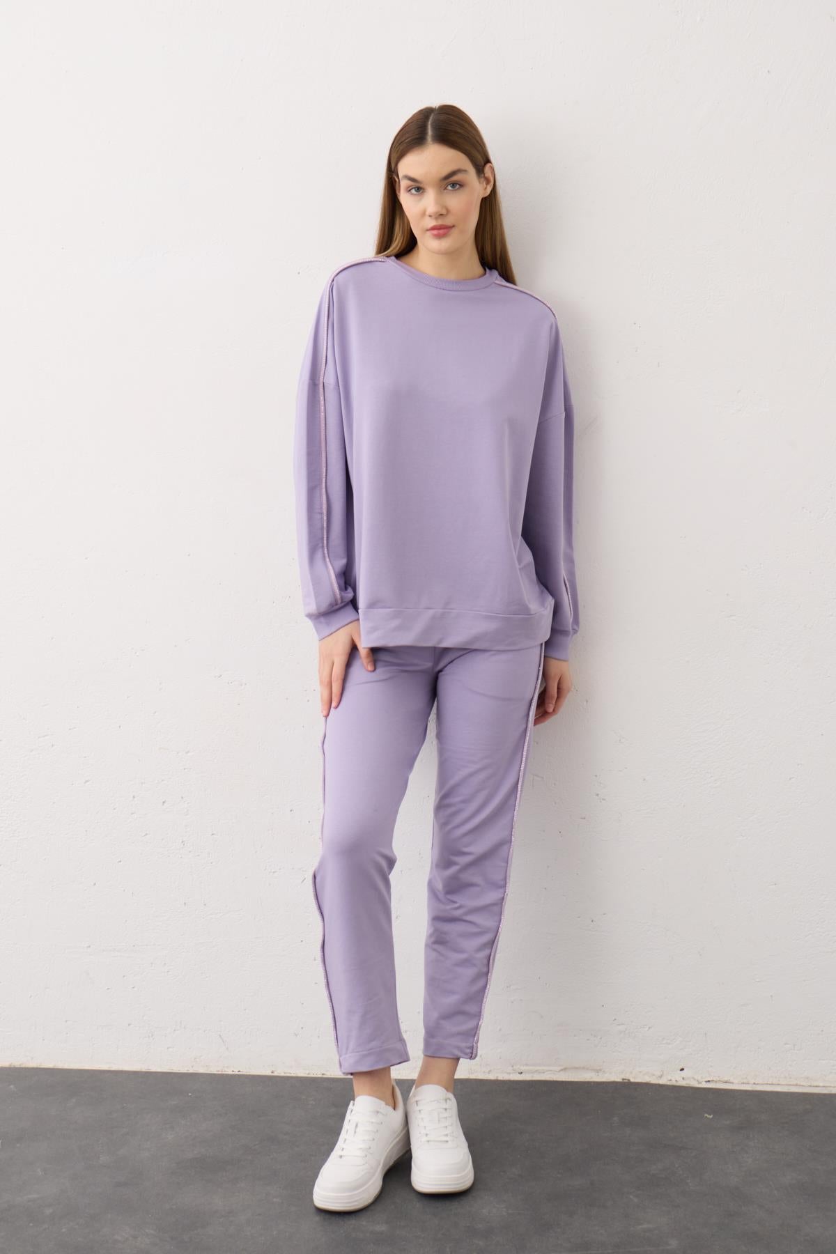 KOYU LİLA Kadın Yan Taşlı Şerit Detaylı Arabiyeli Pamuklu Örme Alt Üst Takım