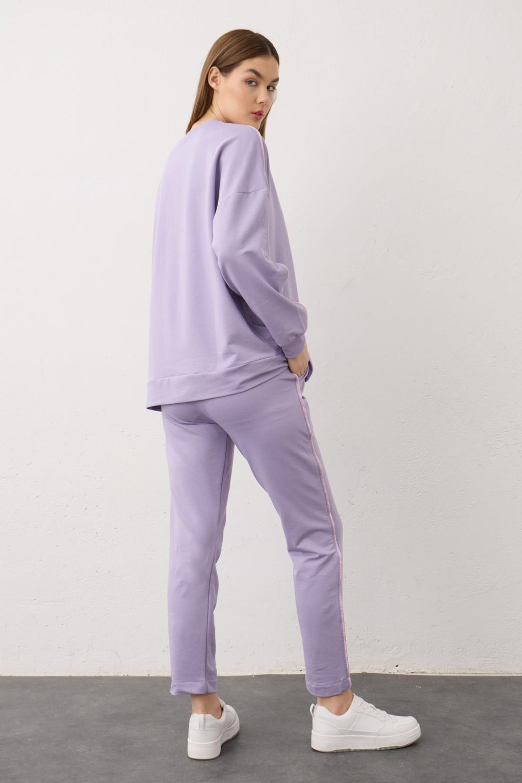 KOYU LİLA Kadın Yan Taşlı Şerit Detaylı Arabiyeli Pamuklu Örme Alt Üst Takım