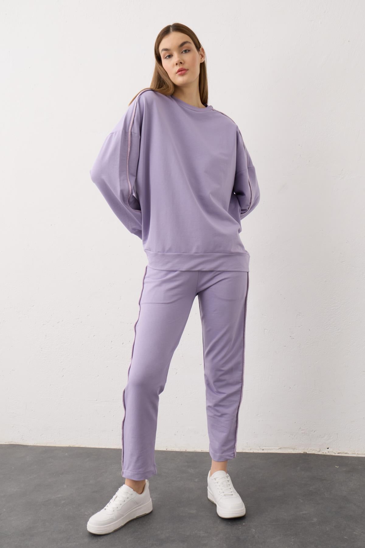 KOYU LİLA Kadın Yan Taşlı Şerit Detaylı Arabiyeli Pamuklu Örme Alt Üst Takım