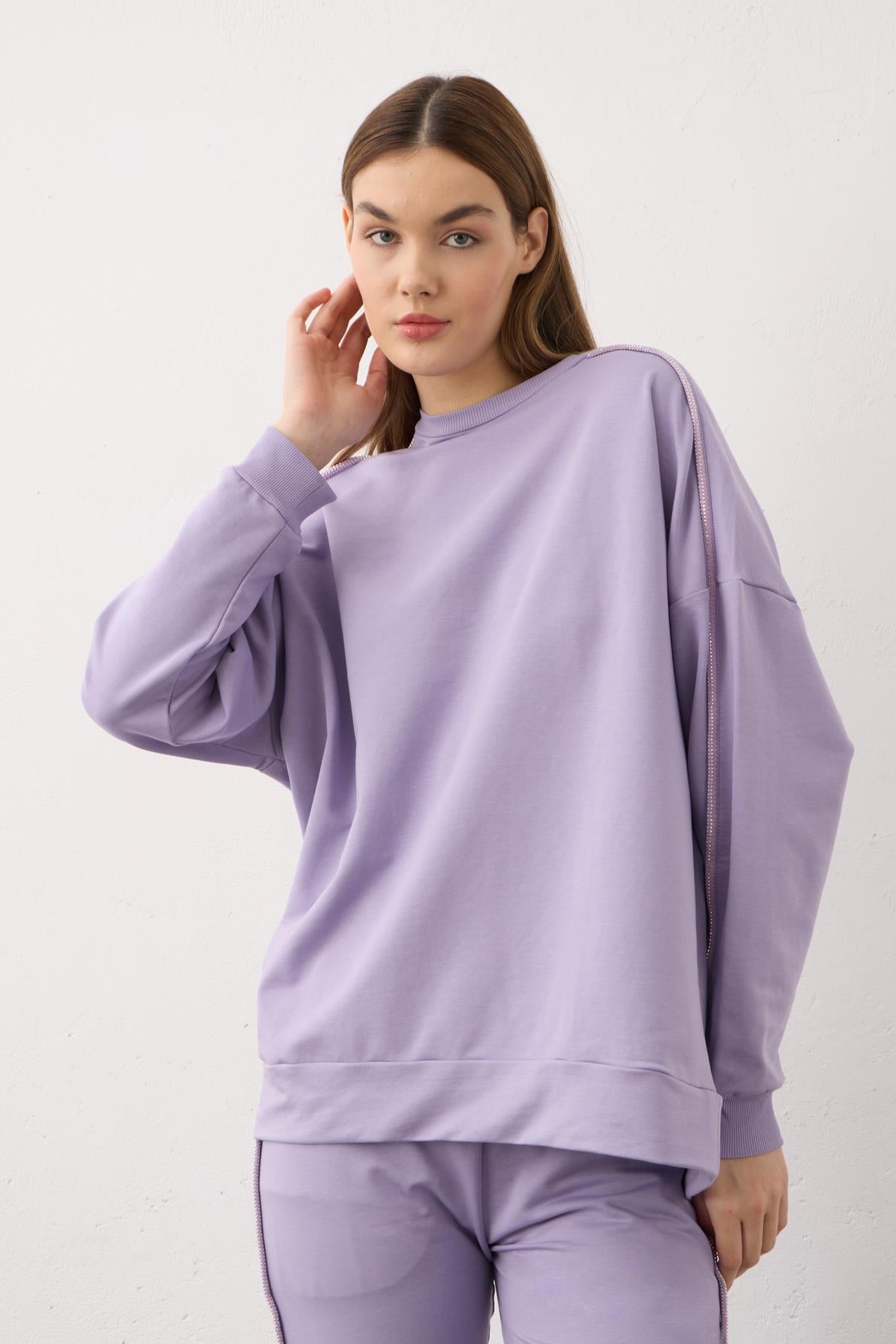 KOYU LİLA Kadın Yan Taşlı Şerit Detaylı Arabiyeli Pamuklu Örme Alt Üst Takım