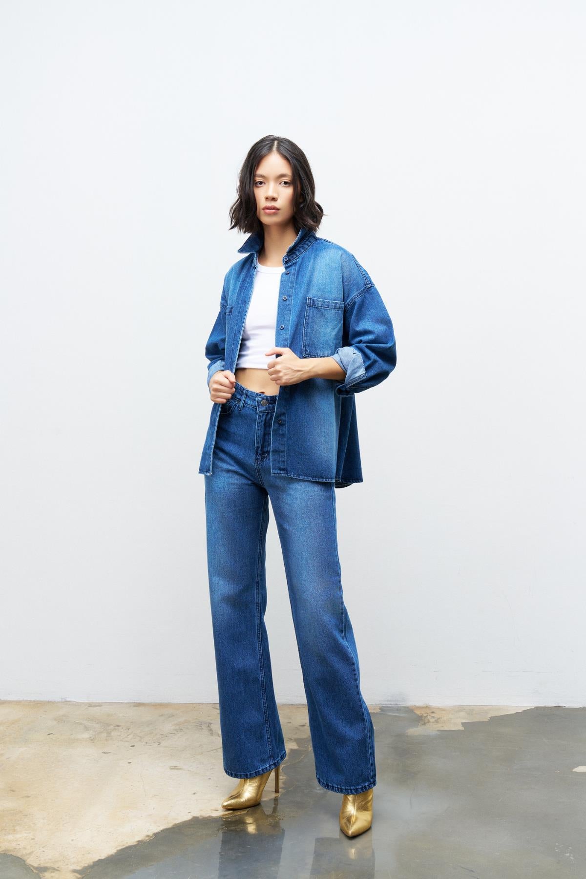 KOYU MAVİ %100 Pamuk Kadın Alt Üst Denim Takım