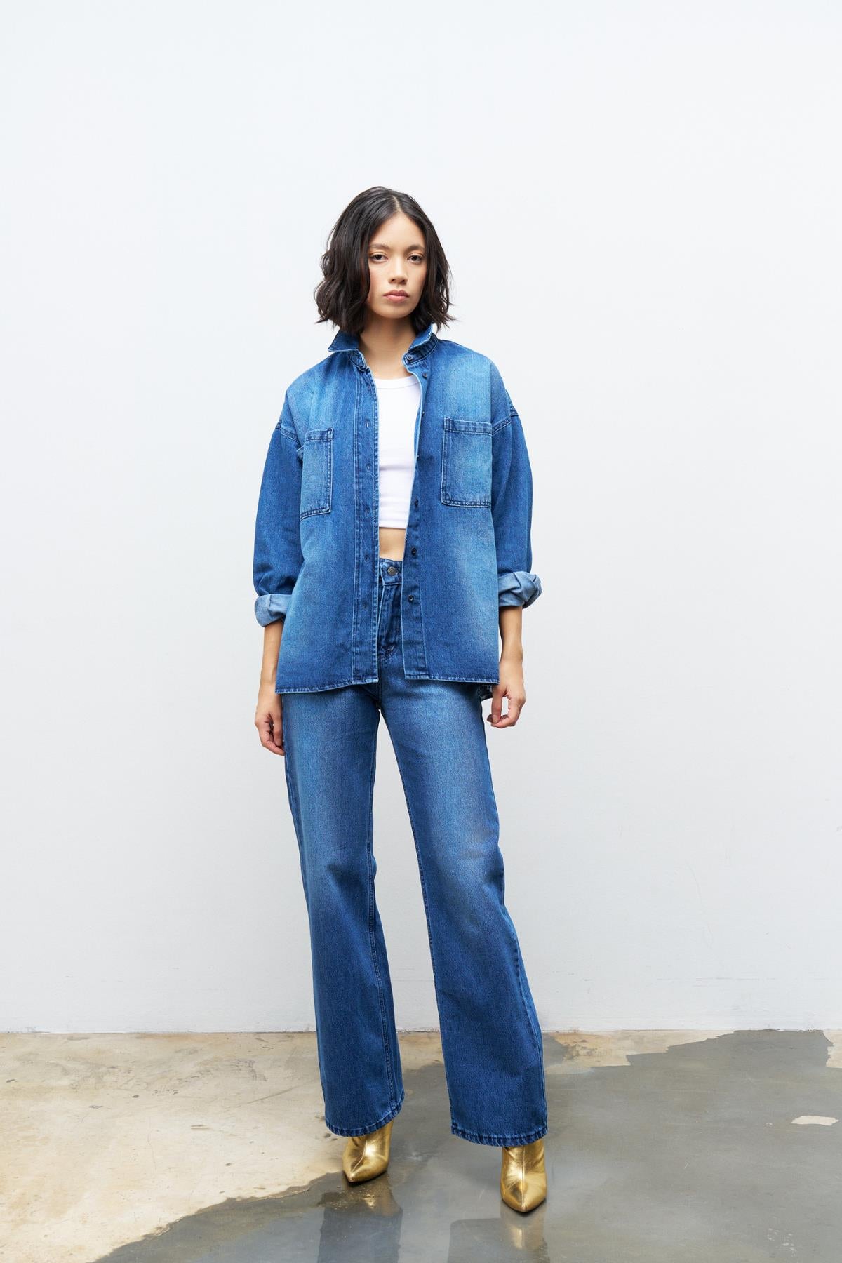 KOYU MAVİ %100 Pamuk Kadın Alt Üst Denim Takım