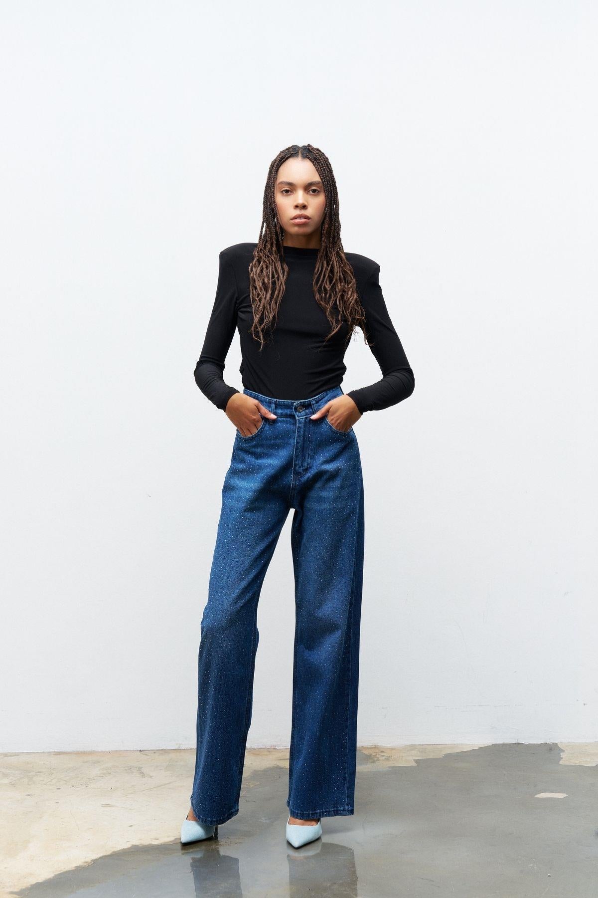 KOYU MAVİ %100 Pamuk  Önü Komple Taş Detaylı Denim