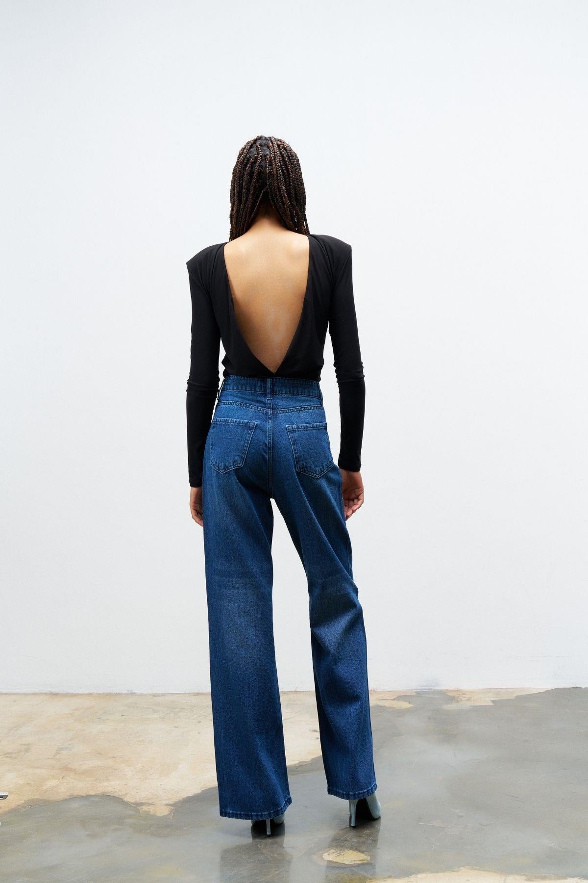 KOYU MAVİ %100 Pamuk  Önü Komple Taş Detaylı Denim