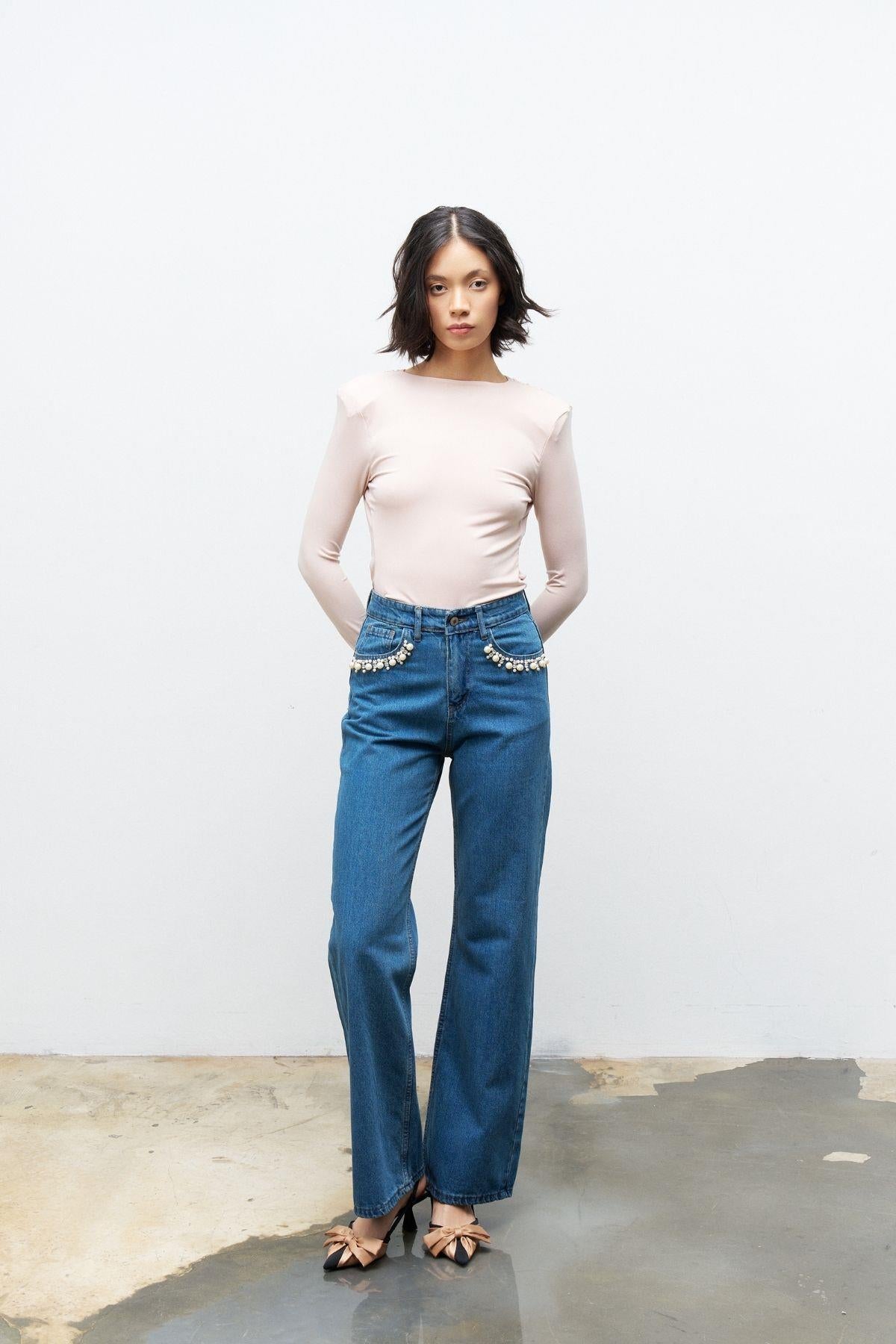 Koyu mavi cep detayı incili bol paça %100 cotton denim pantolon