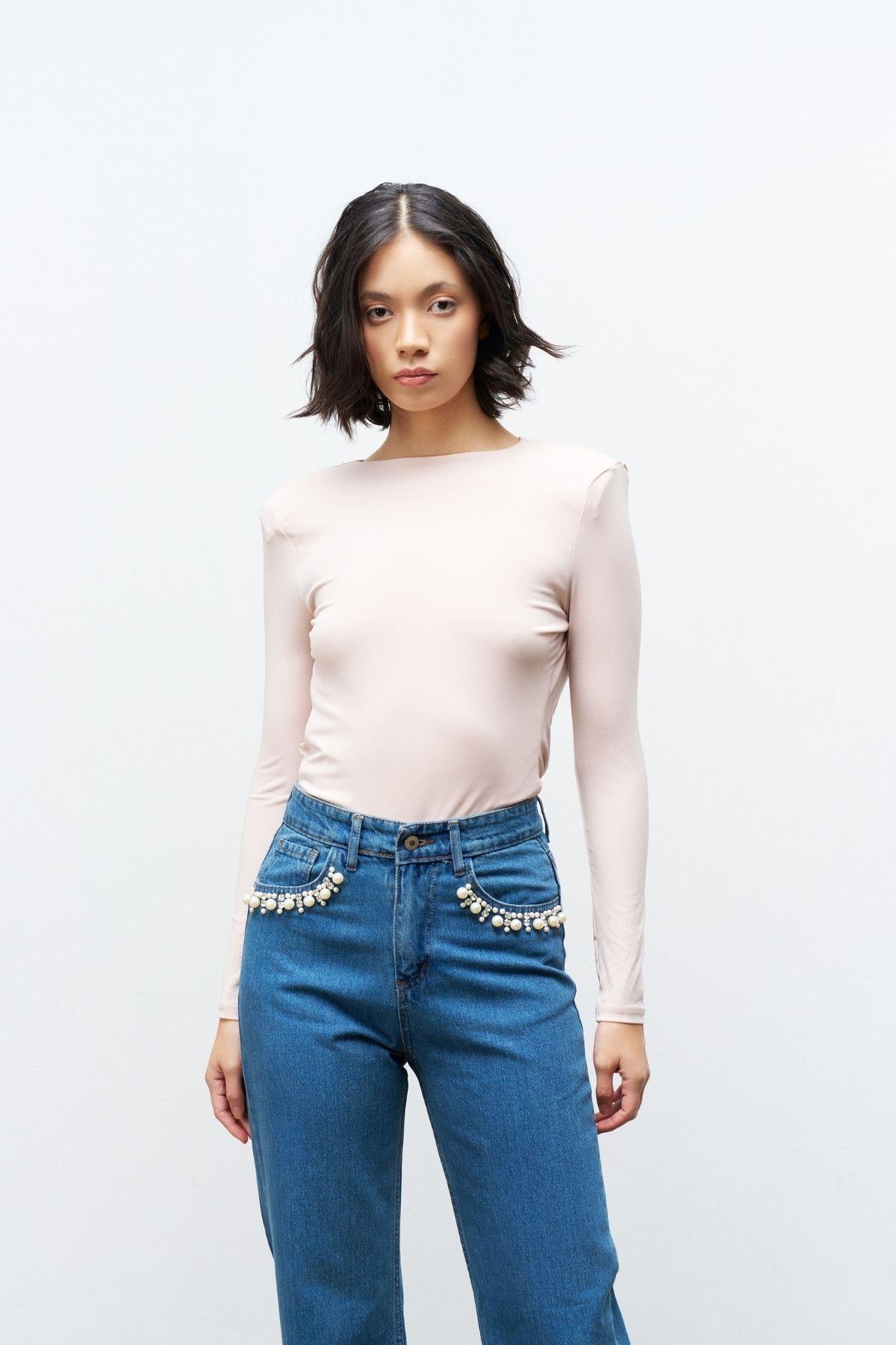 Koyu mavi cep detayı incili bol paça %100 cotton denim pantolon