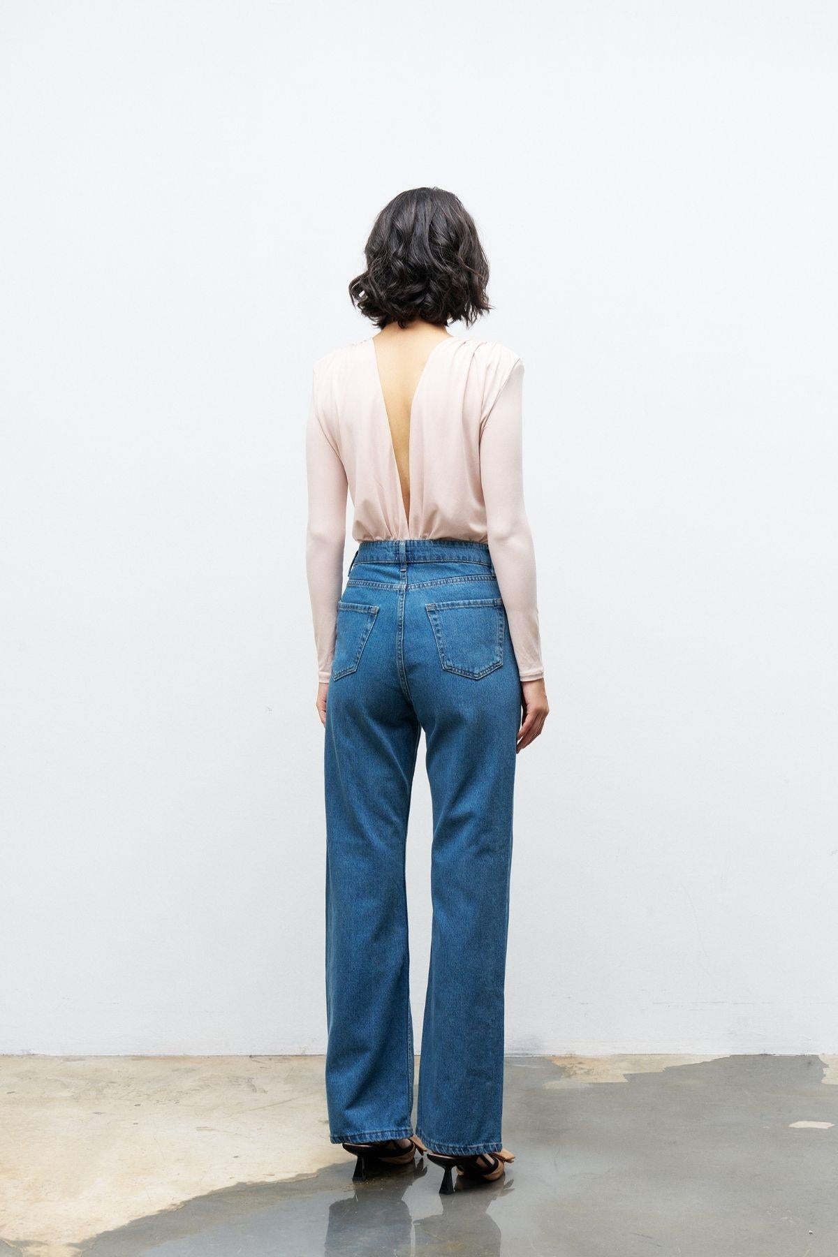 Koyu mavi cep detayı incili bol paça %100 cotton denim pantolon