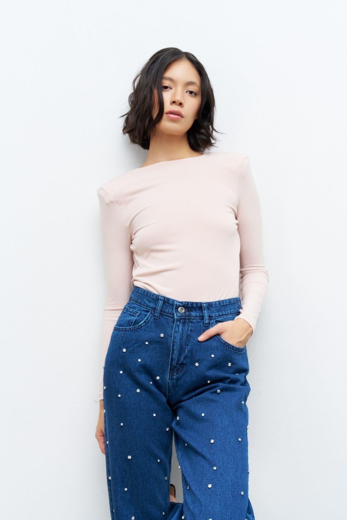 Koyu Mavi Önü Taş Detaylı %100 Cotton Wide Leg Denim