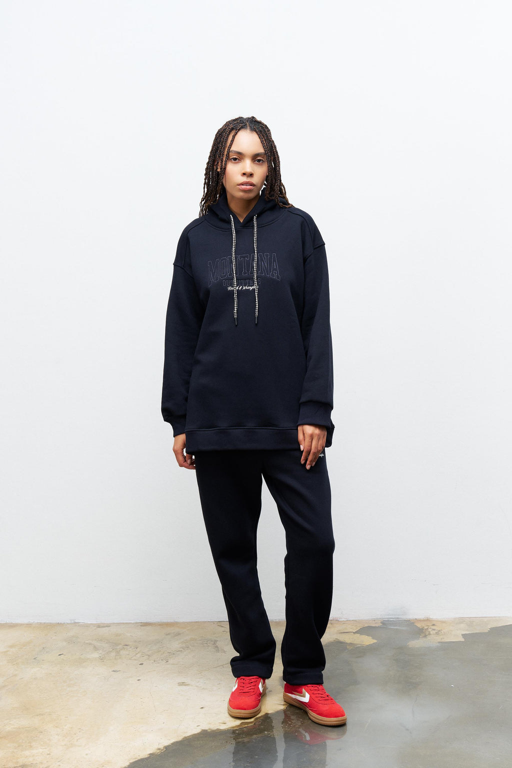 Lacivert İçi Polarlı Alt Üst Nakış İşlemeli Kapüşonlu Oversize Şardonlu Takım