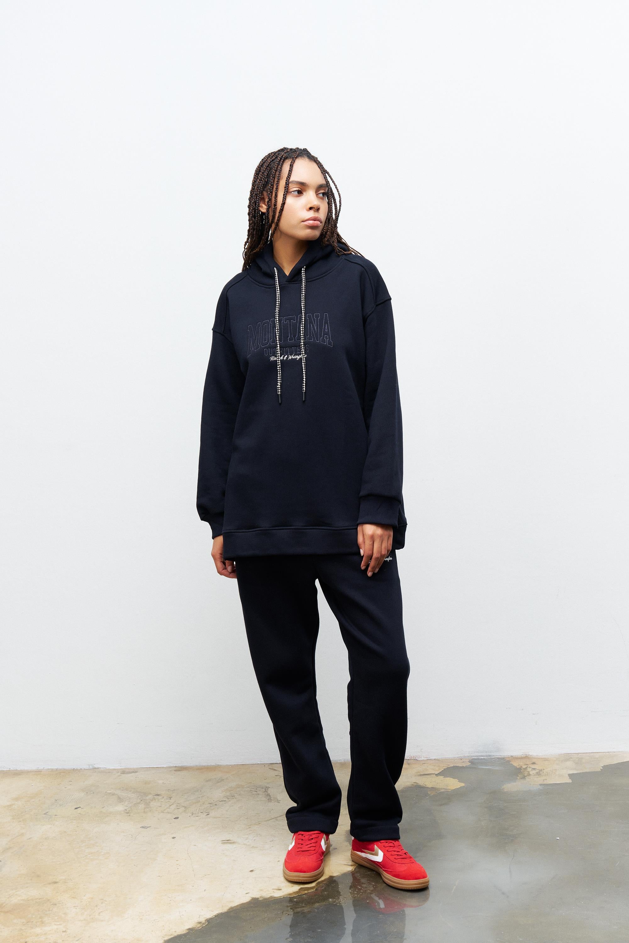 Lacivert İçi Polarlı Alt Üst Nakış İşlemeli Kapüşonlu Oversize Şardonlu Takım