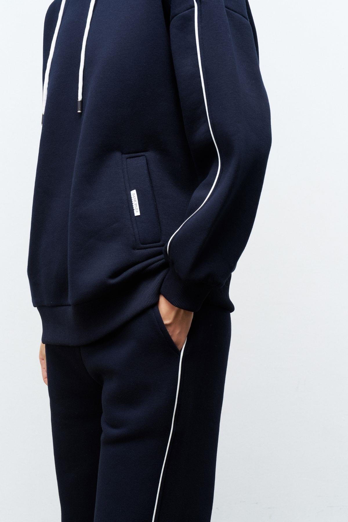 Lacivert İçi Polarlı Süs Etiket Detaylı Kapüşonlu Şardonlu Alt Üst  Kışlık Takım