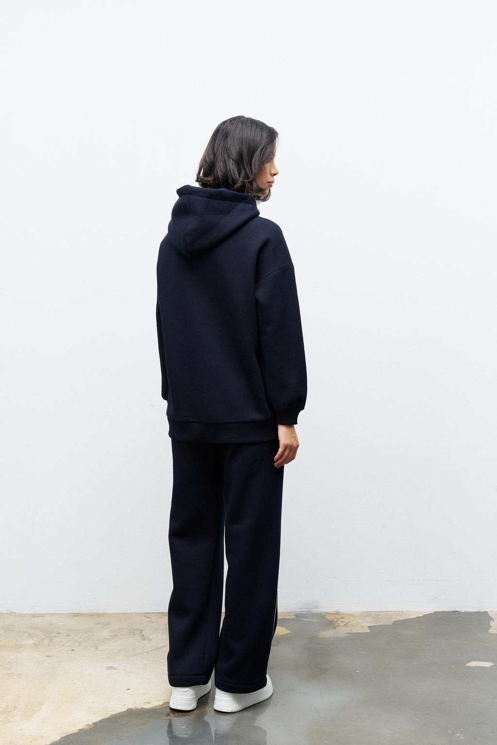 Lacivert İçi Polarlı Süs Etiket Detaylı Kapüşonlu Şardonlu Alt Üst  Kışlık Takım