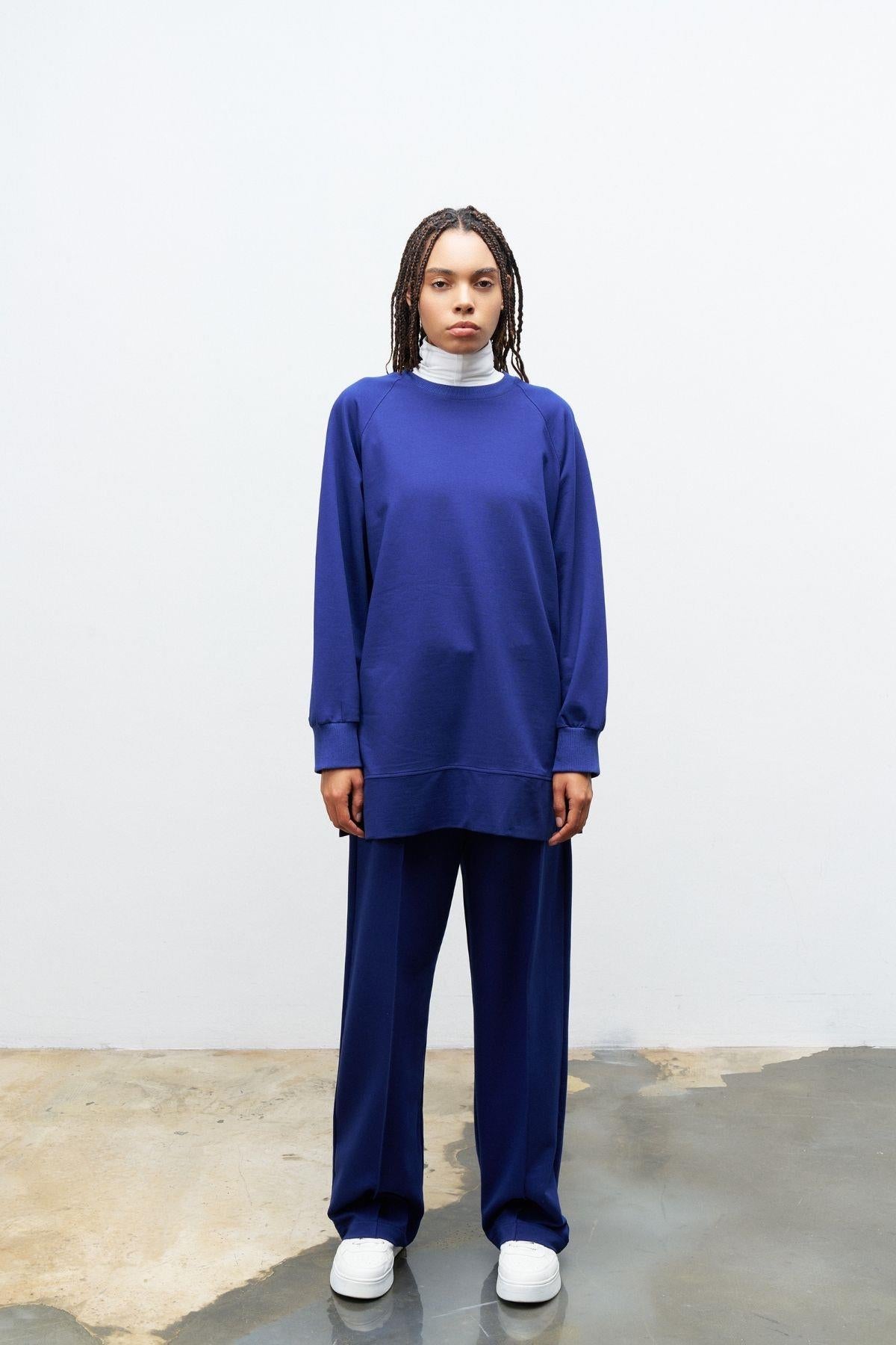 Lacivert Kadın Bisiklet Yaka  Basic Rahat Kesim Pamuklu  Örme Alt Üst Takım