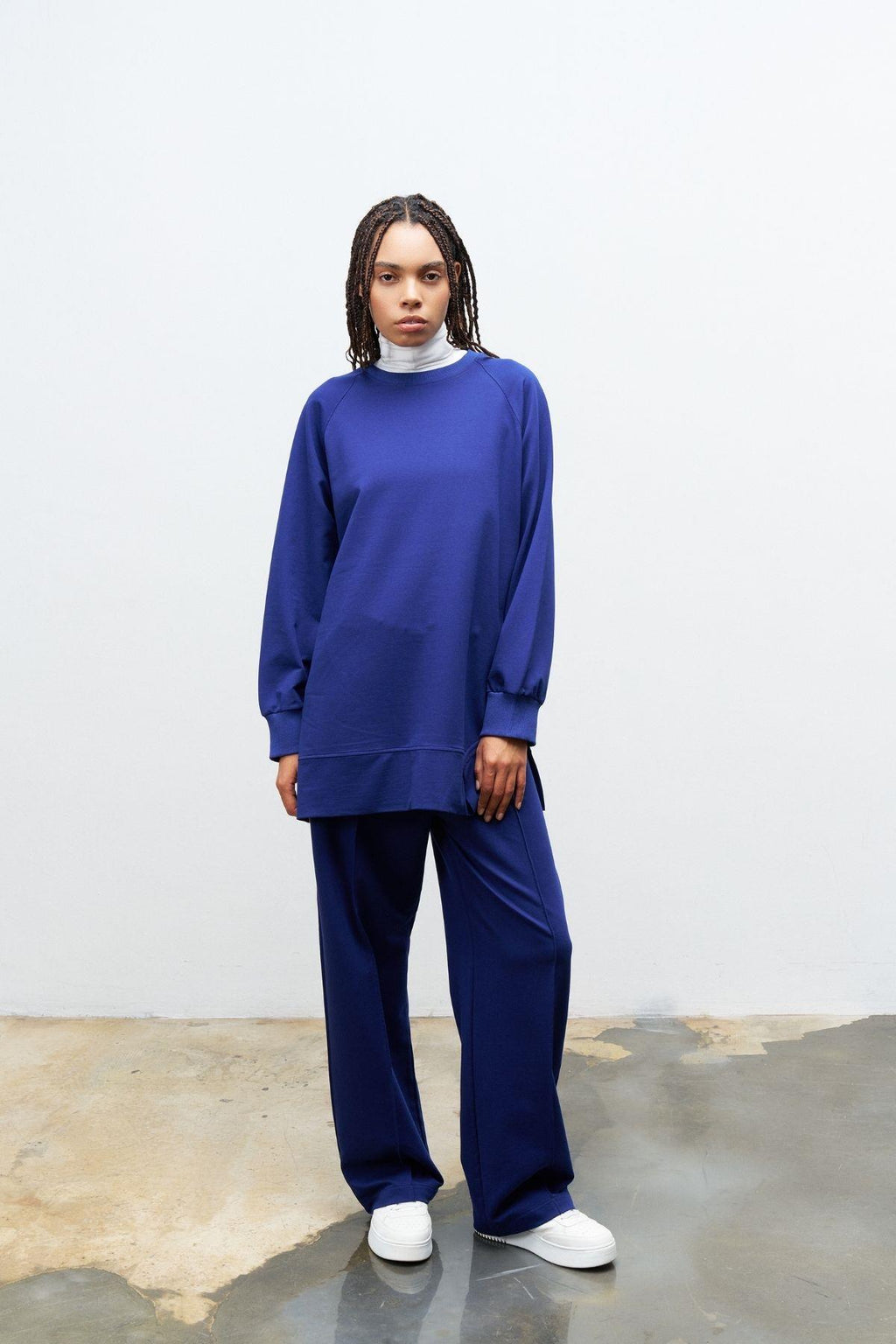 Lacivert Kadın Bisiklet Yaka  Basic Rahat Kesim Pamuklu  Örme Alt Üst Takım