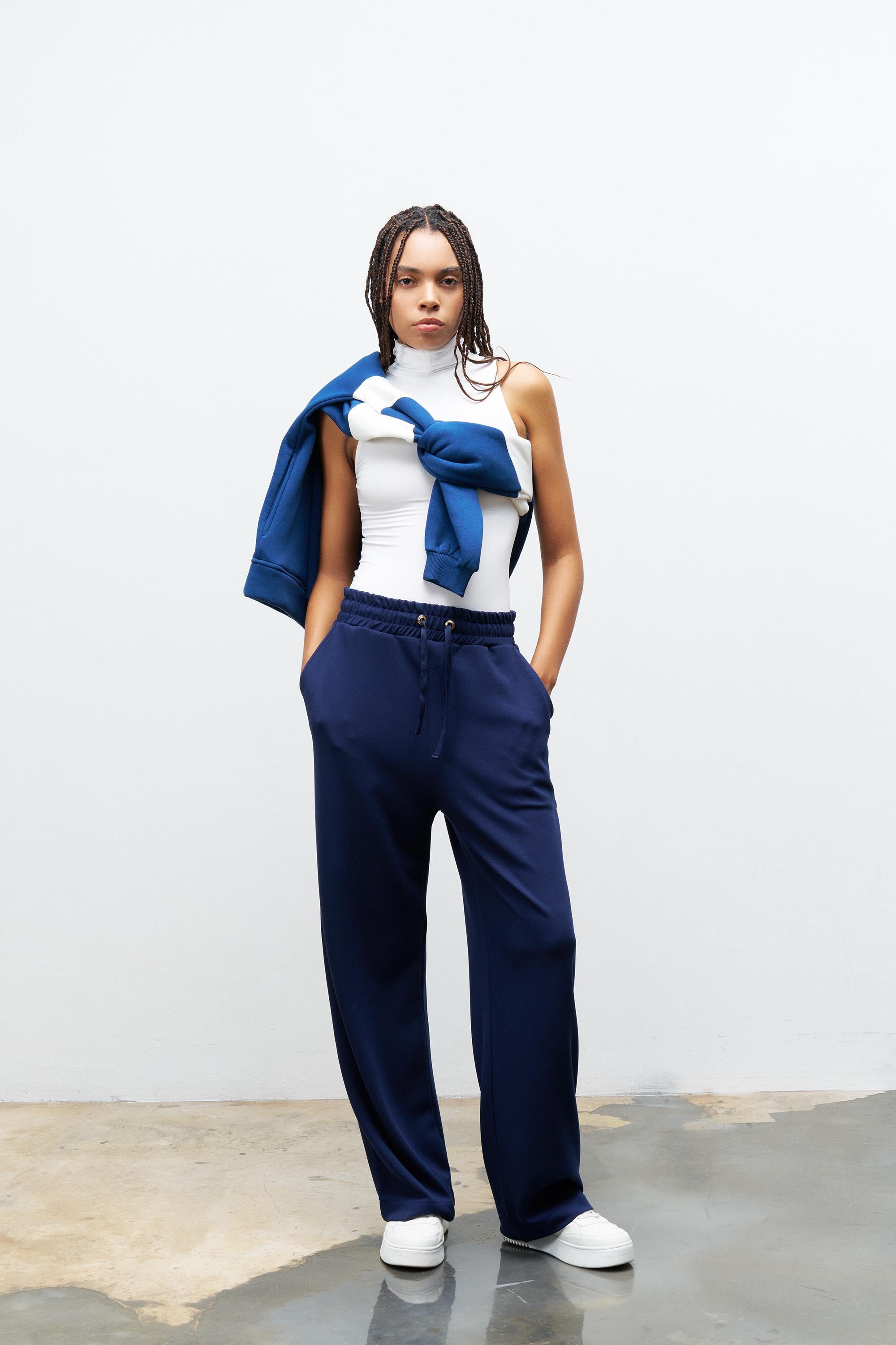 Lacivert Kadın Bel Ayarlanabilir Rahat Kalıp Modal Pantolon