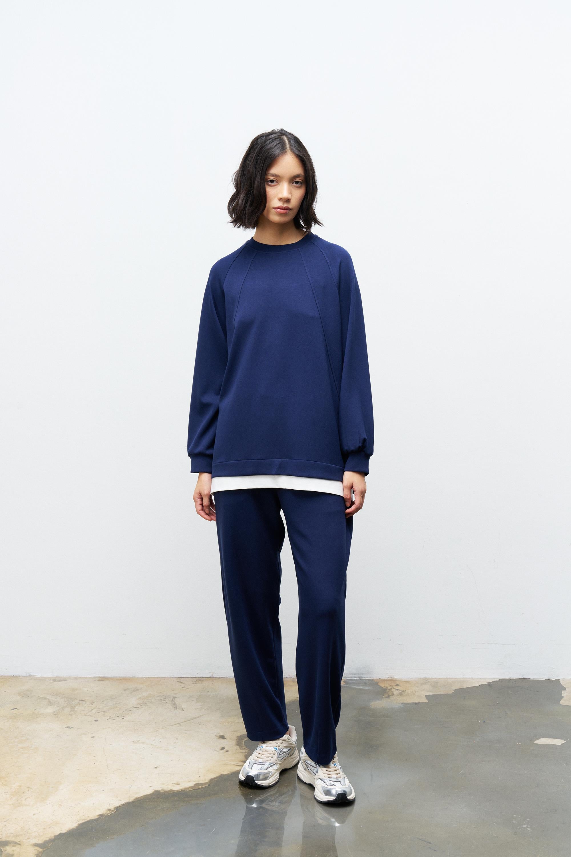 Lacivert Kadın Bisiklet Yaka Eteği Süprem Üst Ve Beli Lastikli Alt Modal Takım