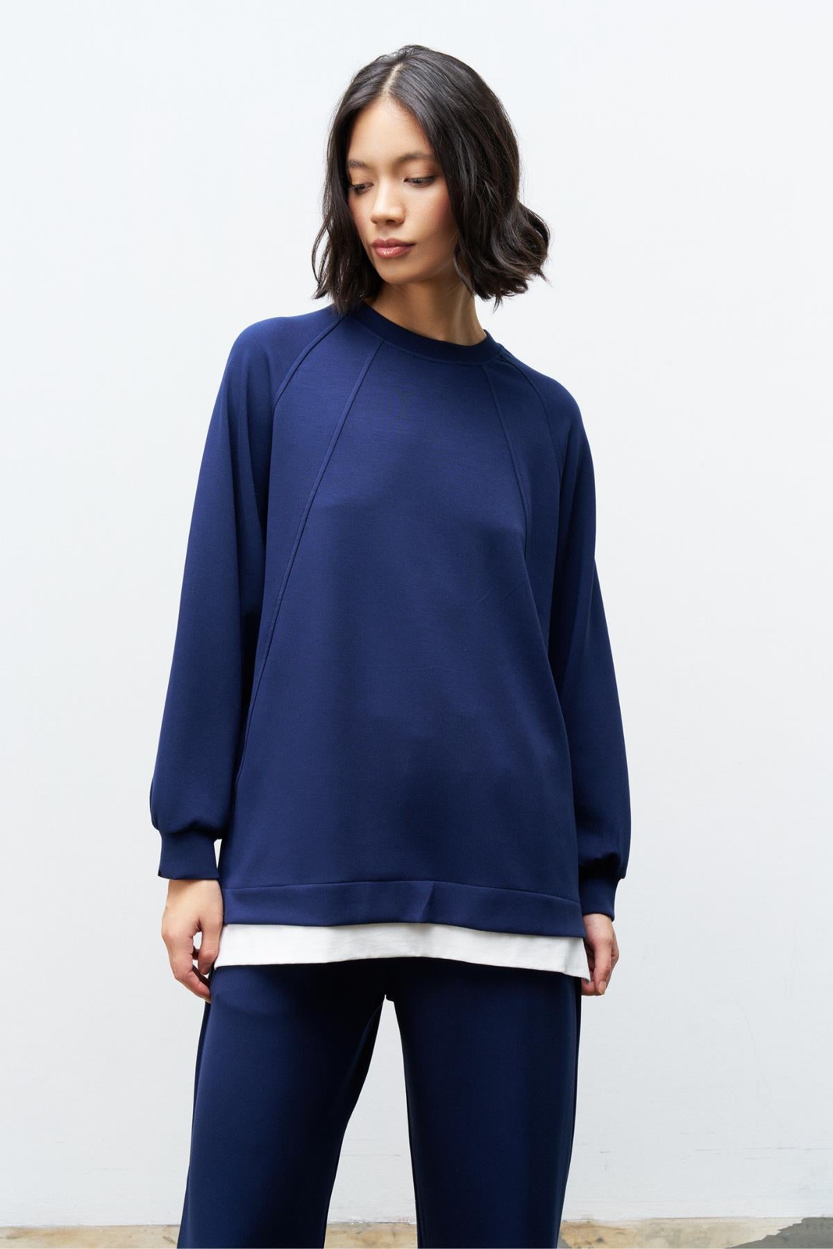 Lacivert Kadın Bisiklet Yaka Eteği Süprem Üst Ve Beli Lastikli Alt Modal Takım